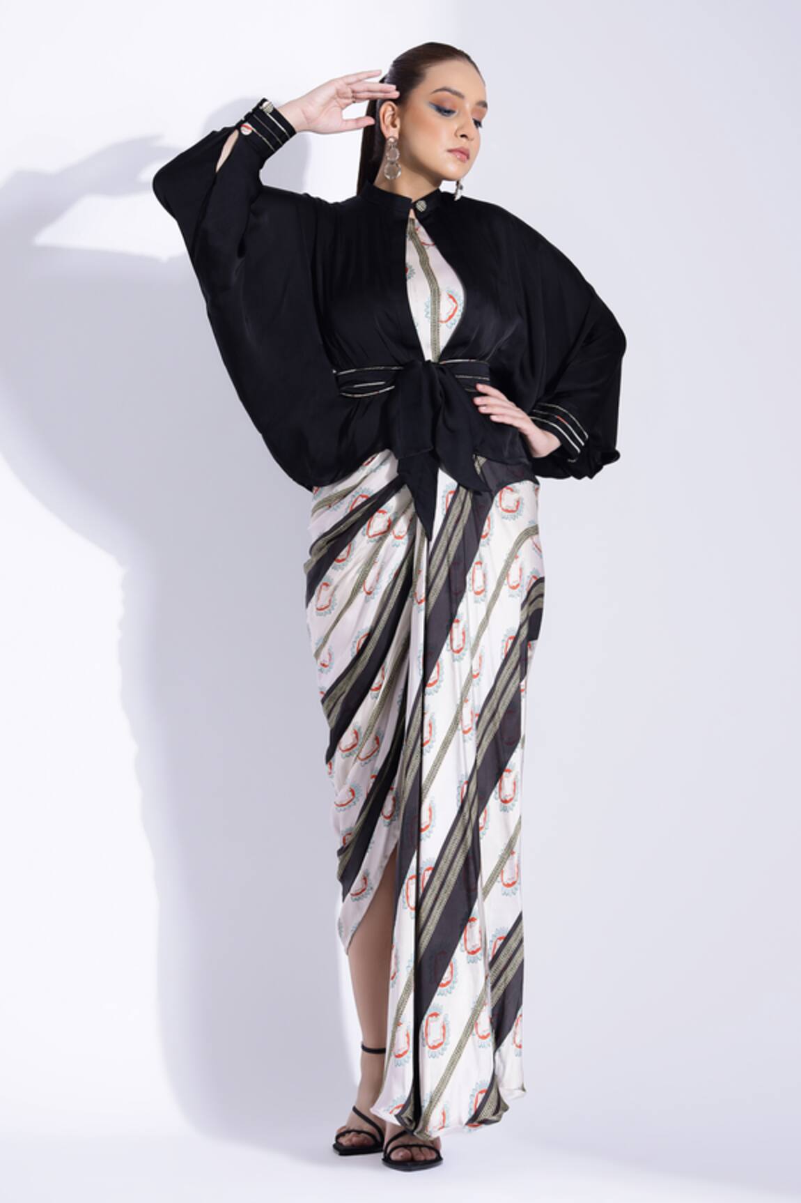 Studio Surbhi Printed Draped Dress With Kimono Shirt
