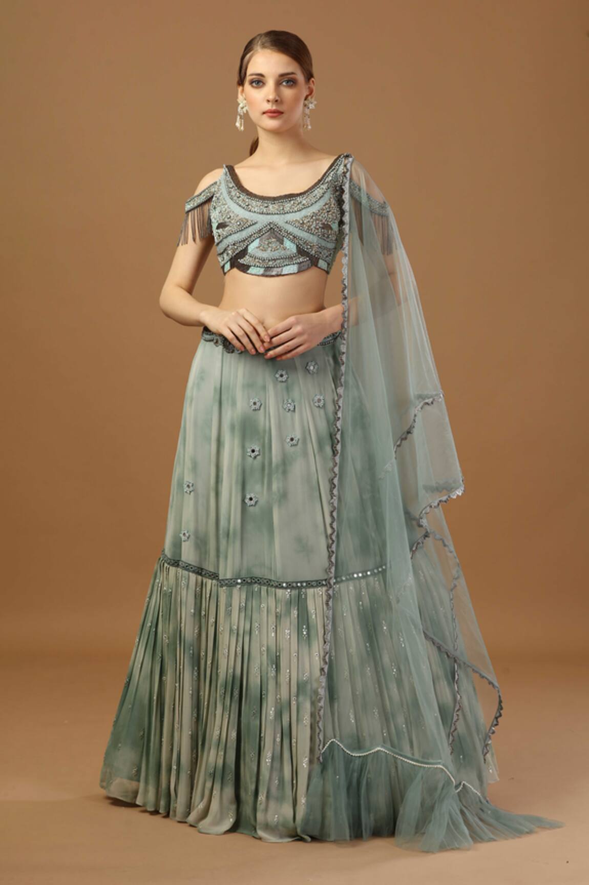 Merge Design Tie Dye Skirt Embroidered Blouse Set 