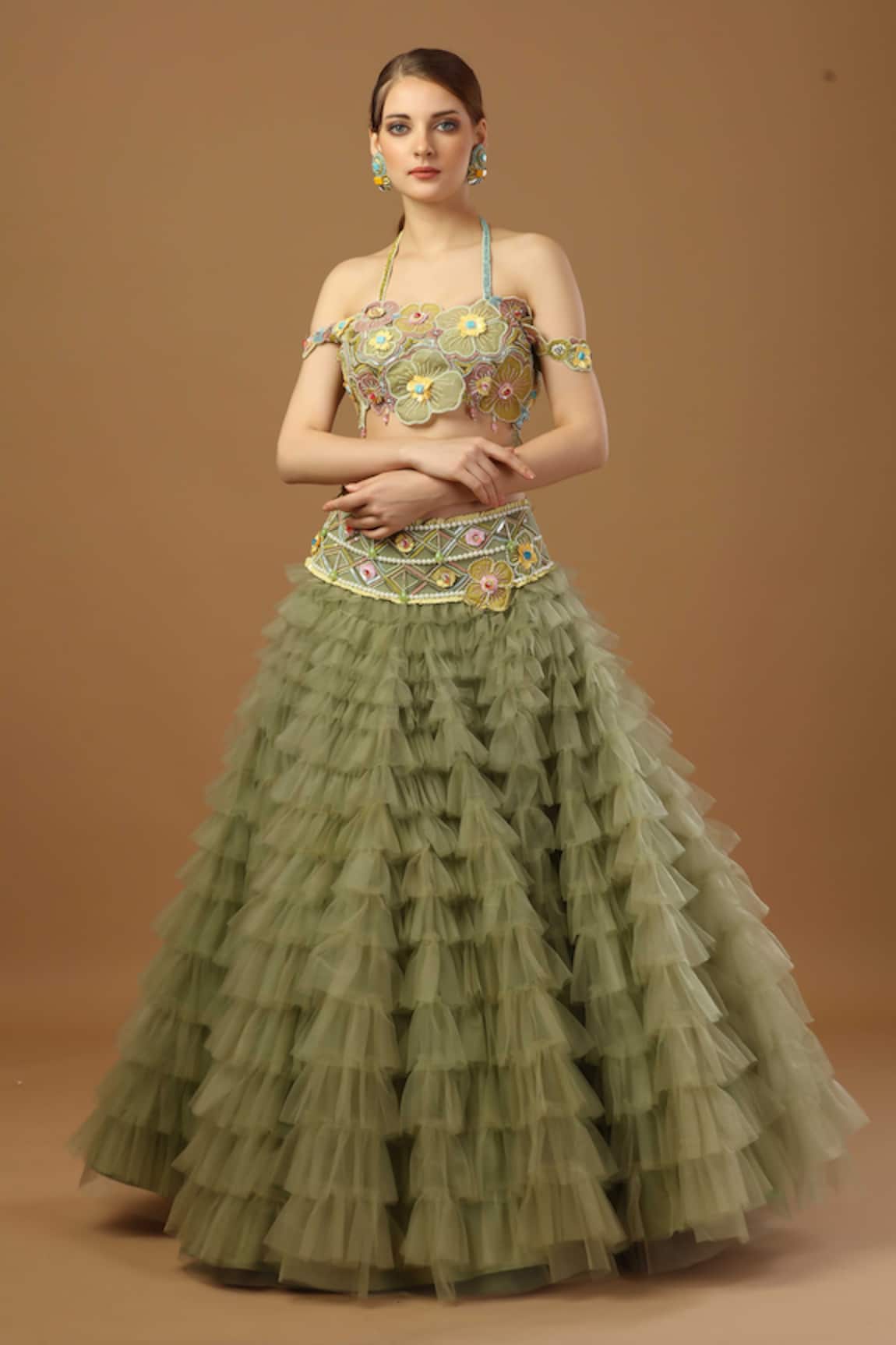 Merge Design Frill Skirt With Floral Embroidered Blouse