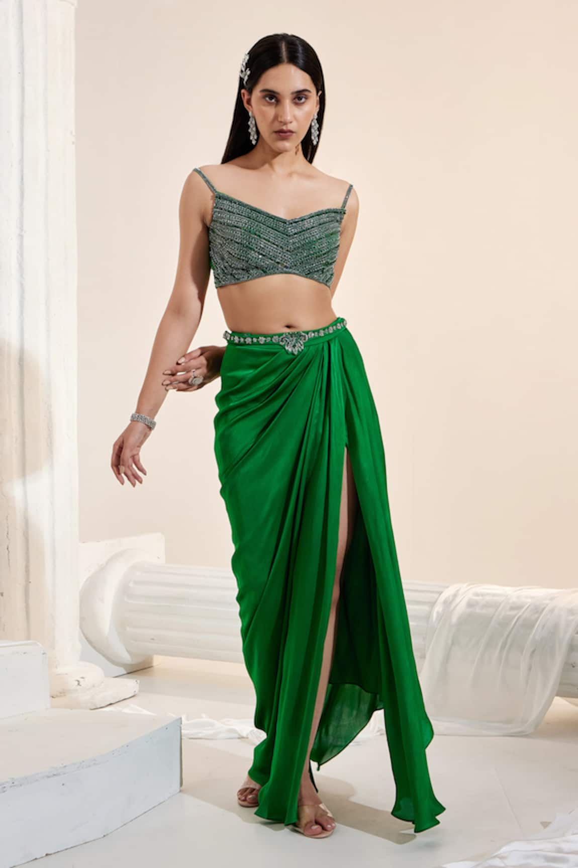 SWATI WADHWANI COUTURE Embroidered Blouse & Draped Skirt Set