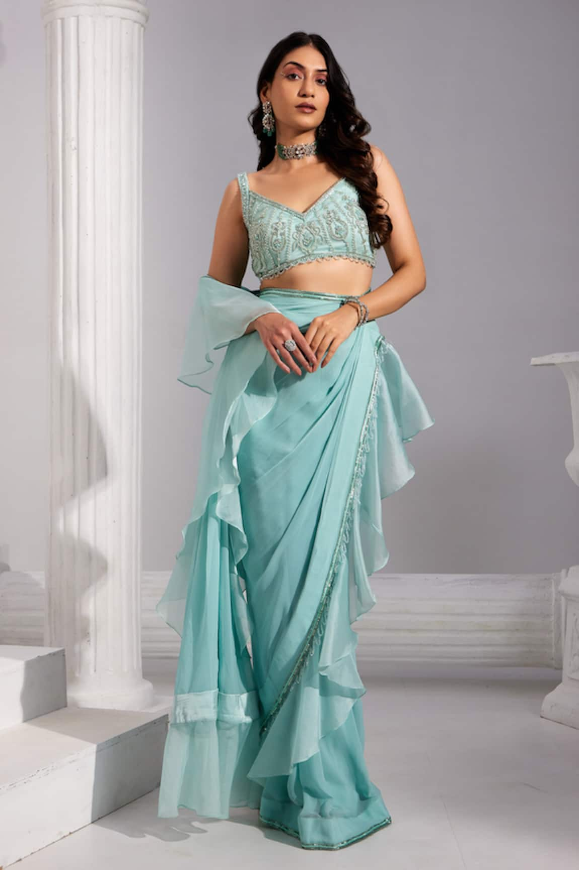 SWATI WADHWANI COUTURE Pre-Draped Ruffle Saree With Blouse