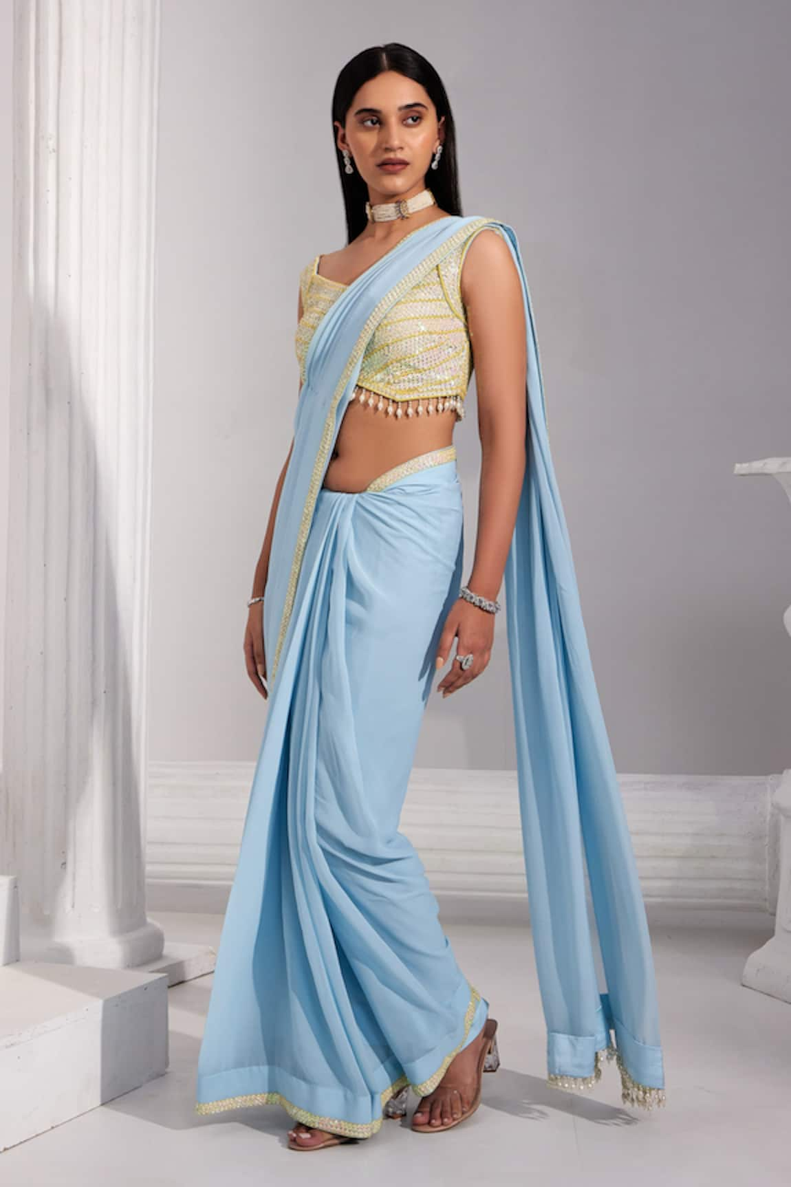 SWATI WADHWANI COUTURE Pre-Draped Sequin Embroidered Saree With Blouse