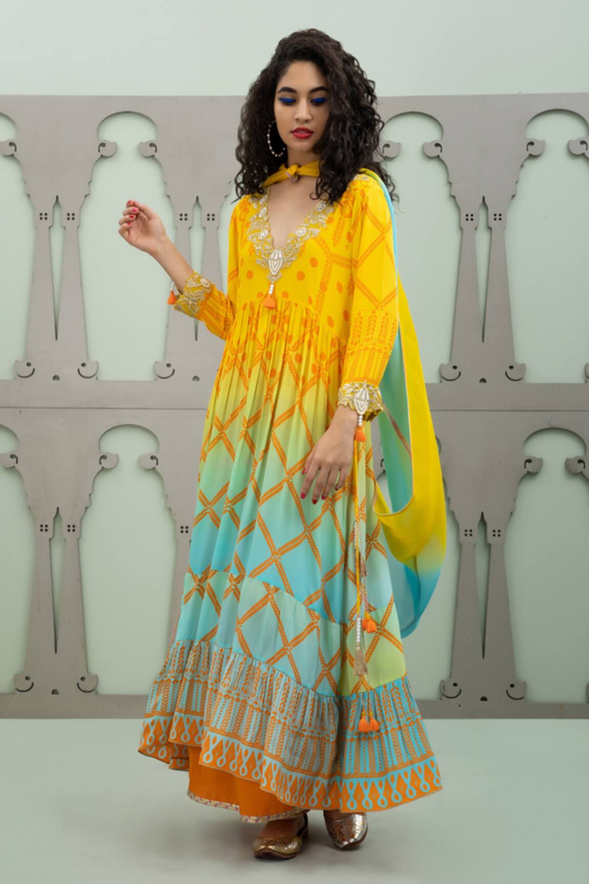Lila Bidri Ombre Foliage Pattern Anarkali Pant Set 