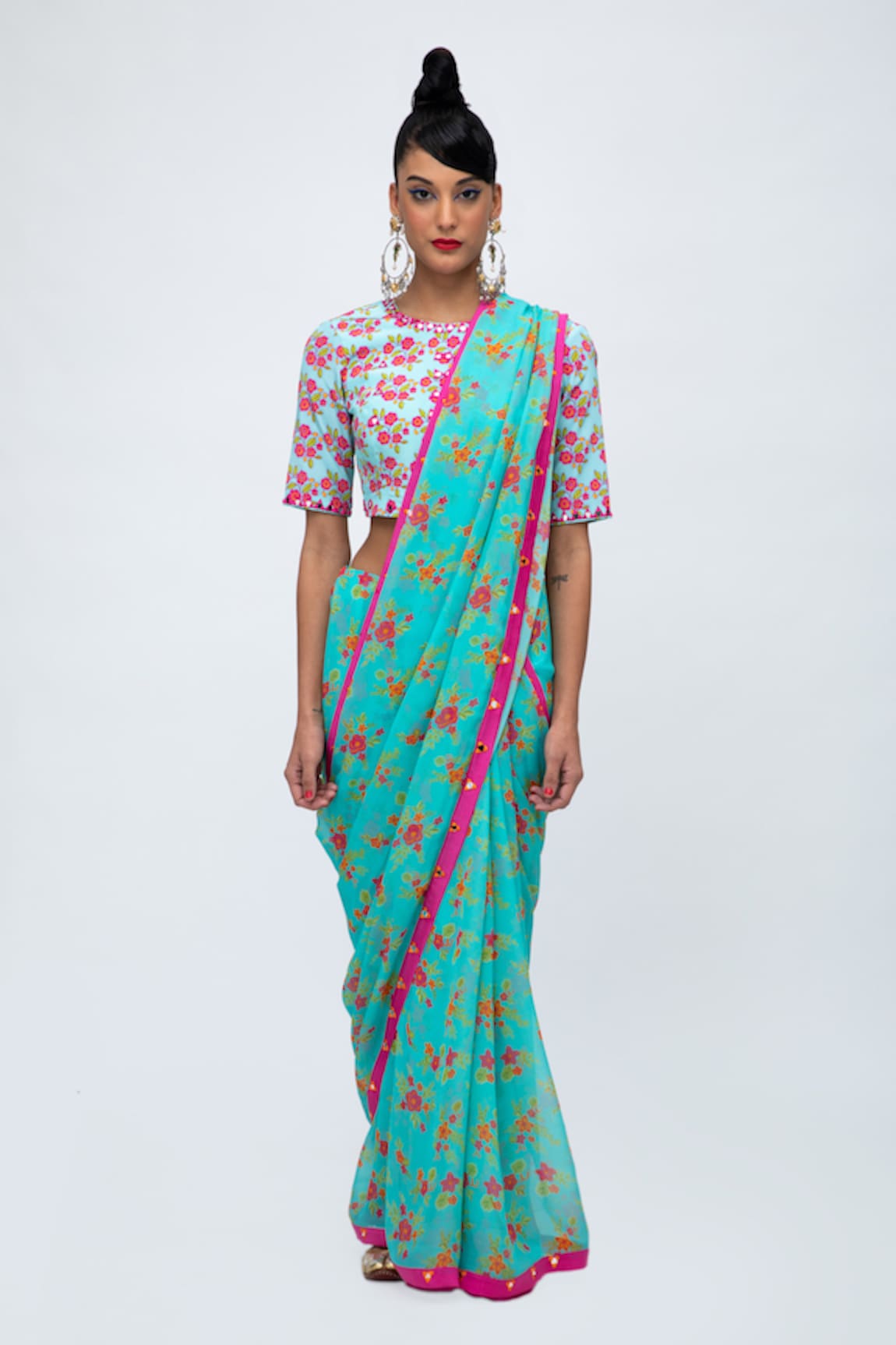 Lila Hinaan Floral Print Saree With Blouse