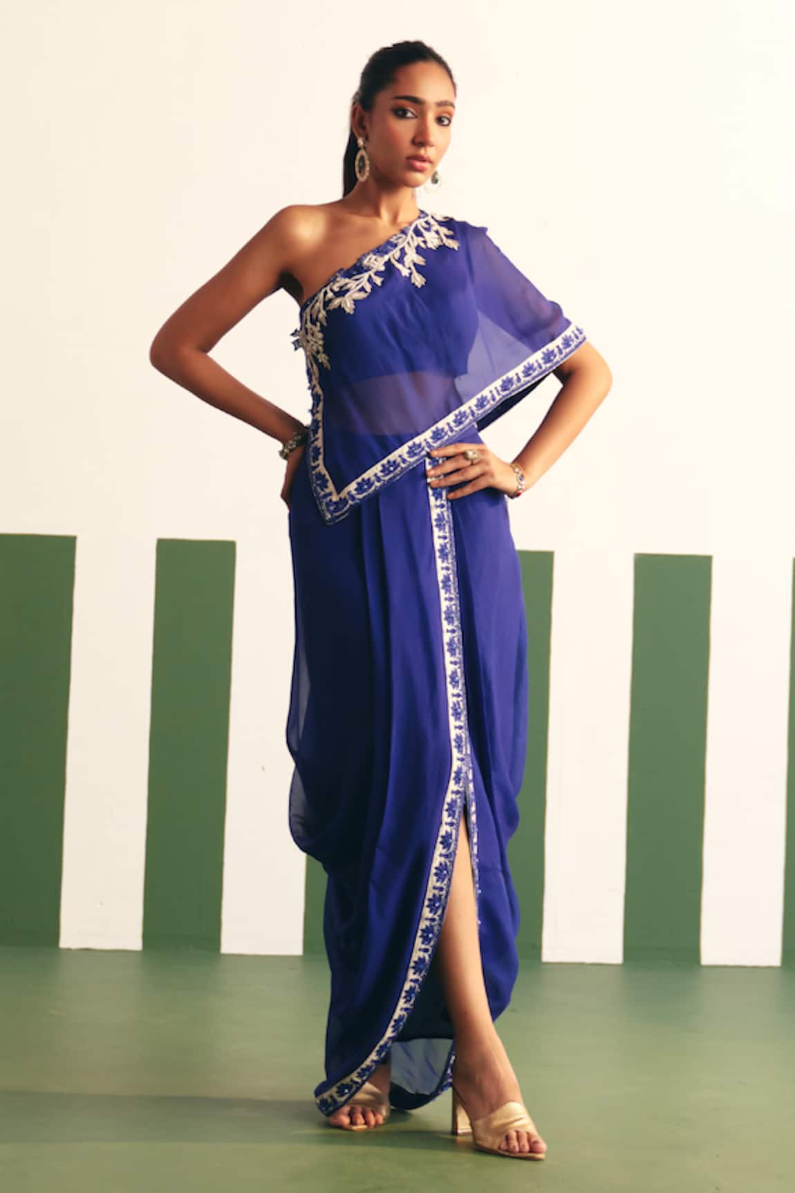 Reeti Arneja Nolan Asymmetric Embroidered Top With Dhoti Skirt