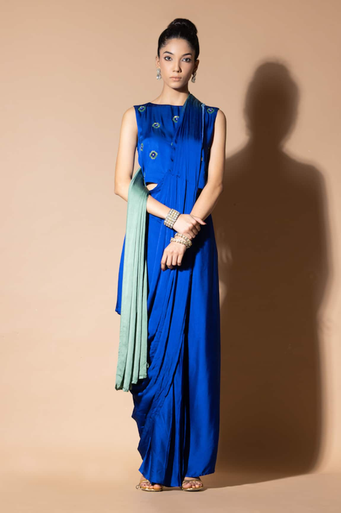 Zeefaa Pre-Draped Saree With Embroidered Crop Top