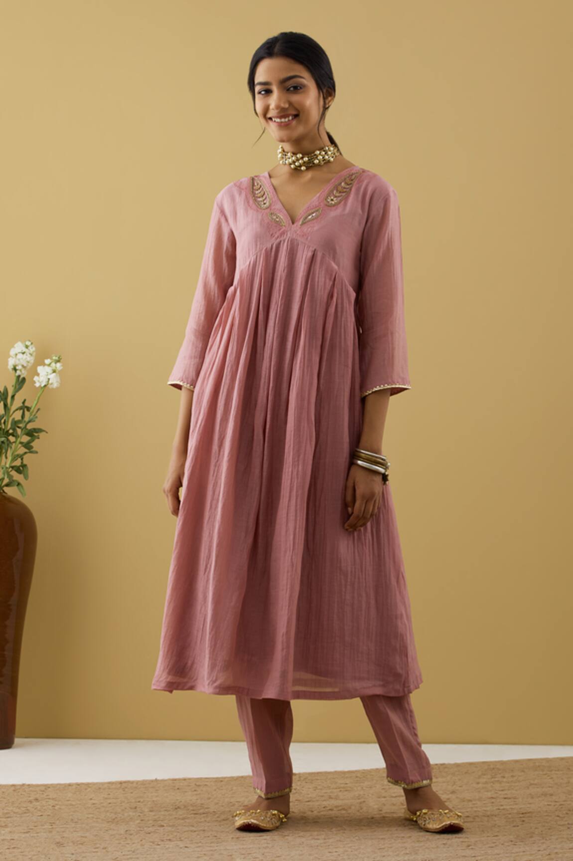 Tashee Chanderi Gathered Embroidered Kurta & Pant Set