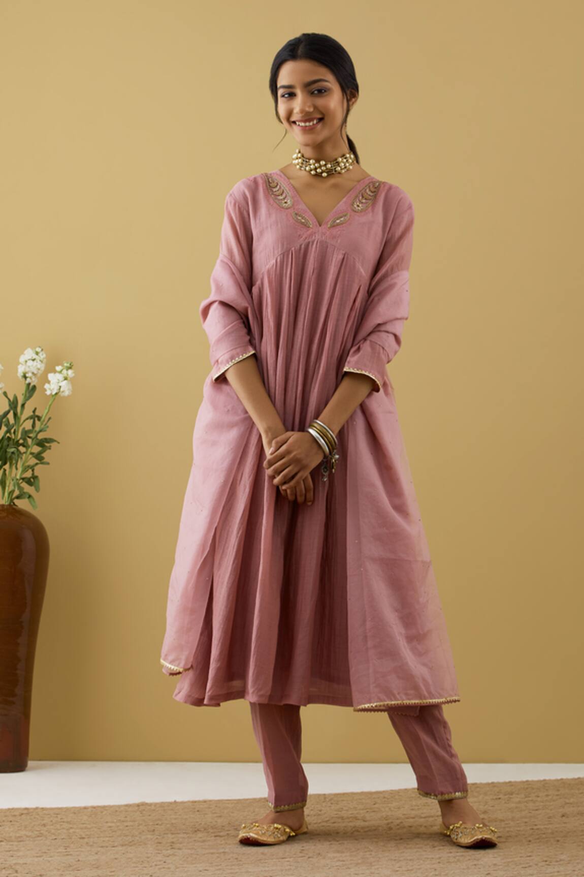 Tashee Chanderi Gathered Embroidered Kurta Set