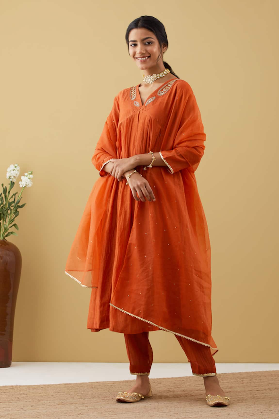 Tashee Chanderi Gathered Kurta Pant Set