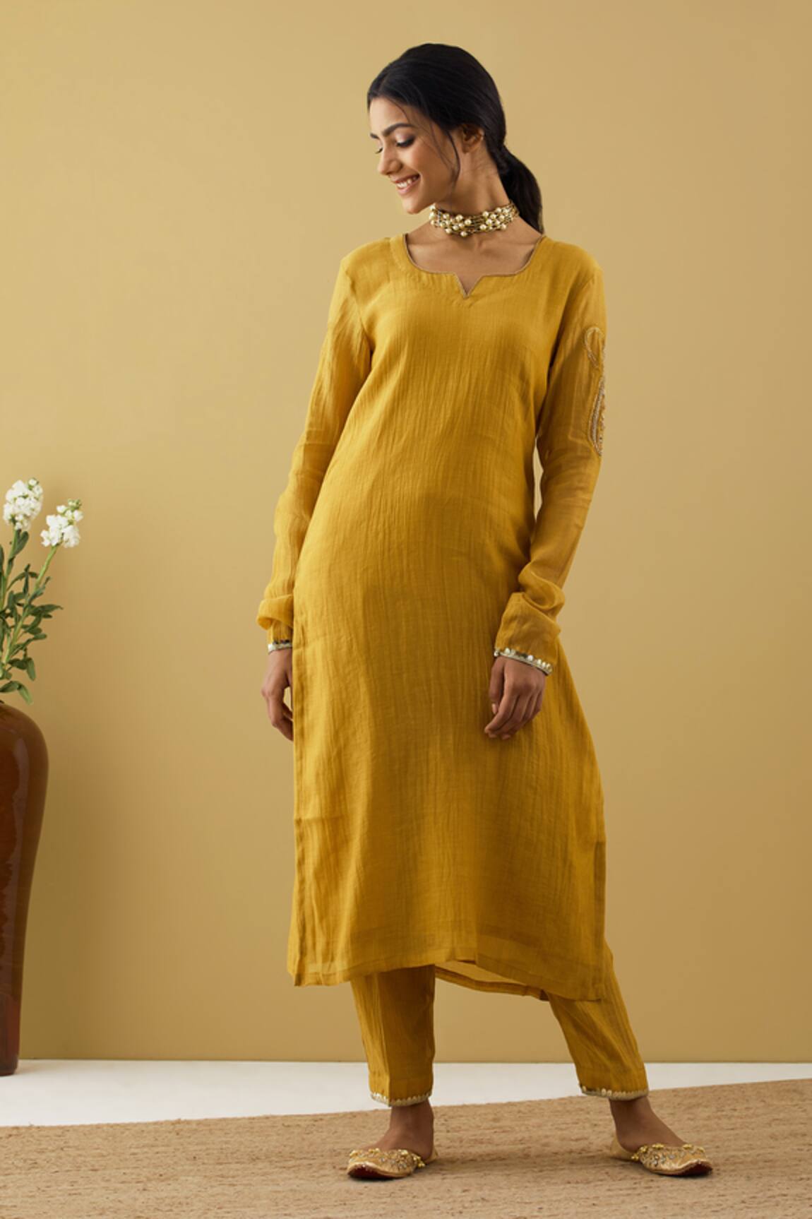 Tashee Chanderi Sleeve Embroidered Kurta & Pant Set