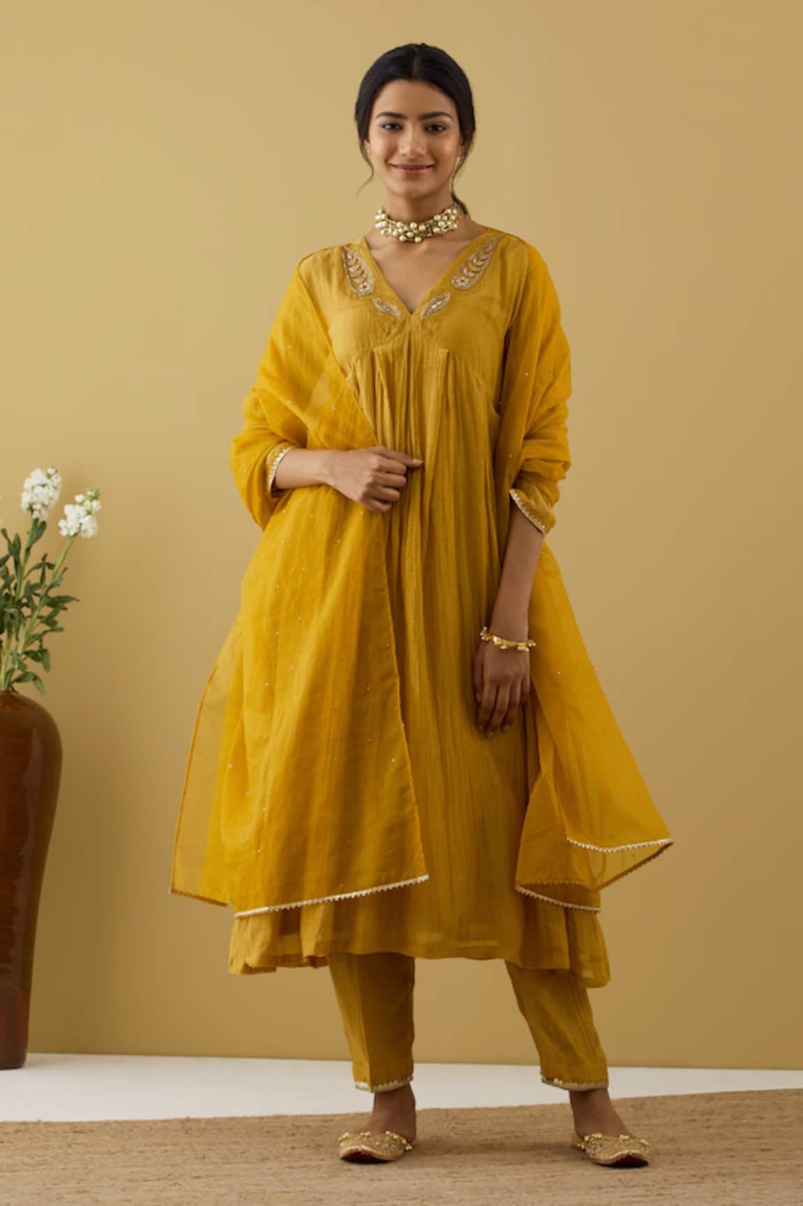 Tashee Chanderi Gathered Kurta Pant Set