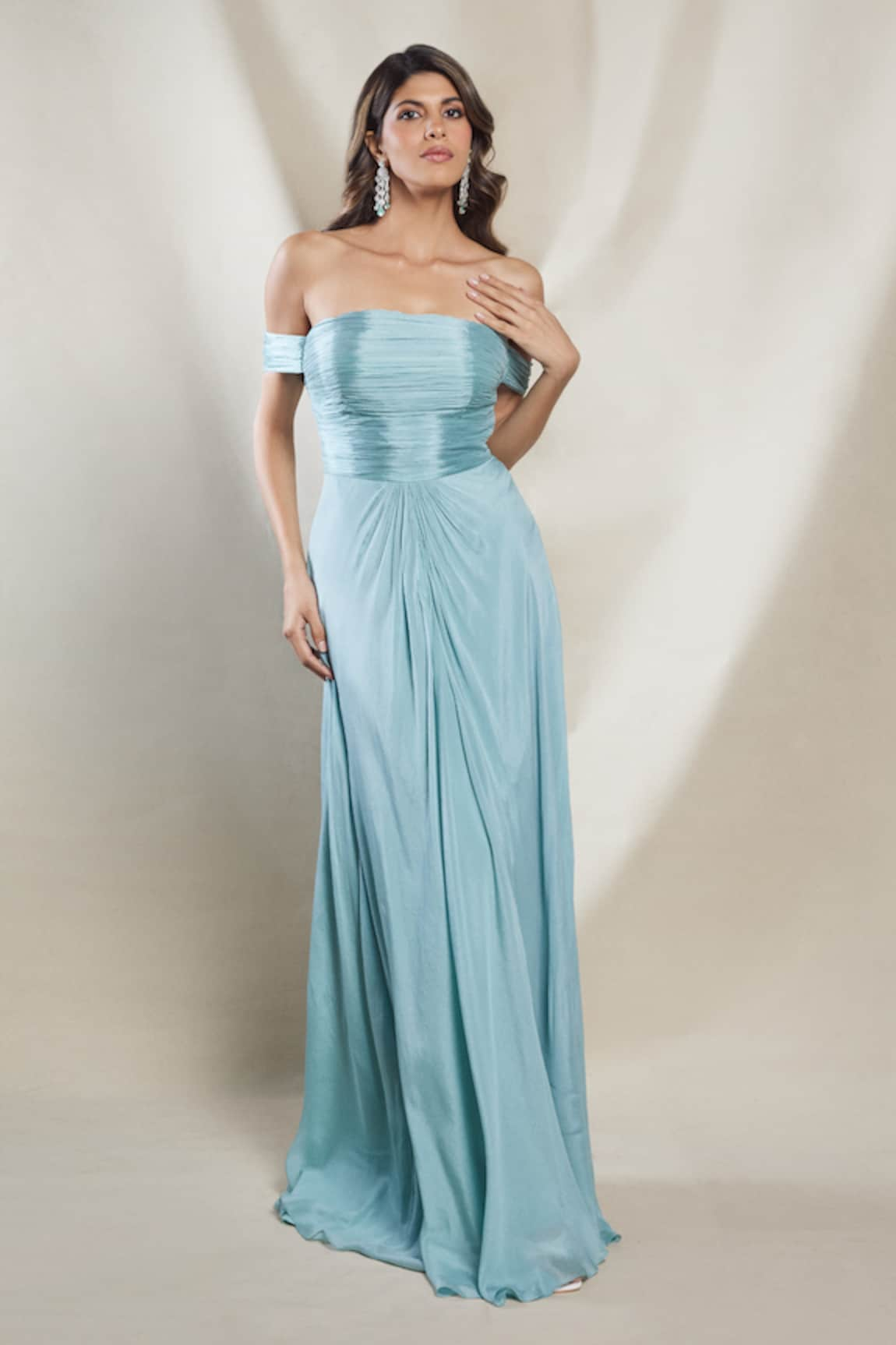 Brinda Sneha Viviana Ruched Off Shoulder Gown