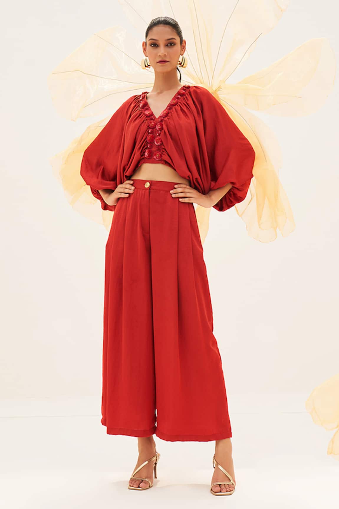 House Of Fett Rosamore Hand Embroidered Crop Top & Pant Set