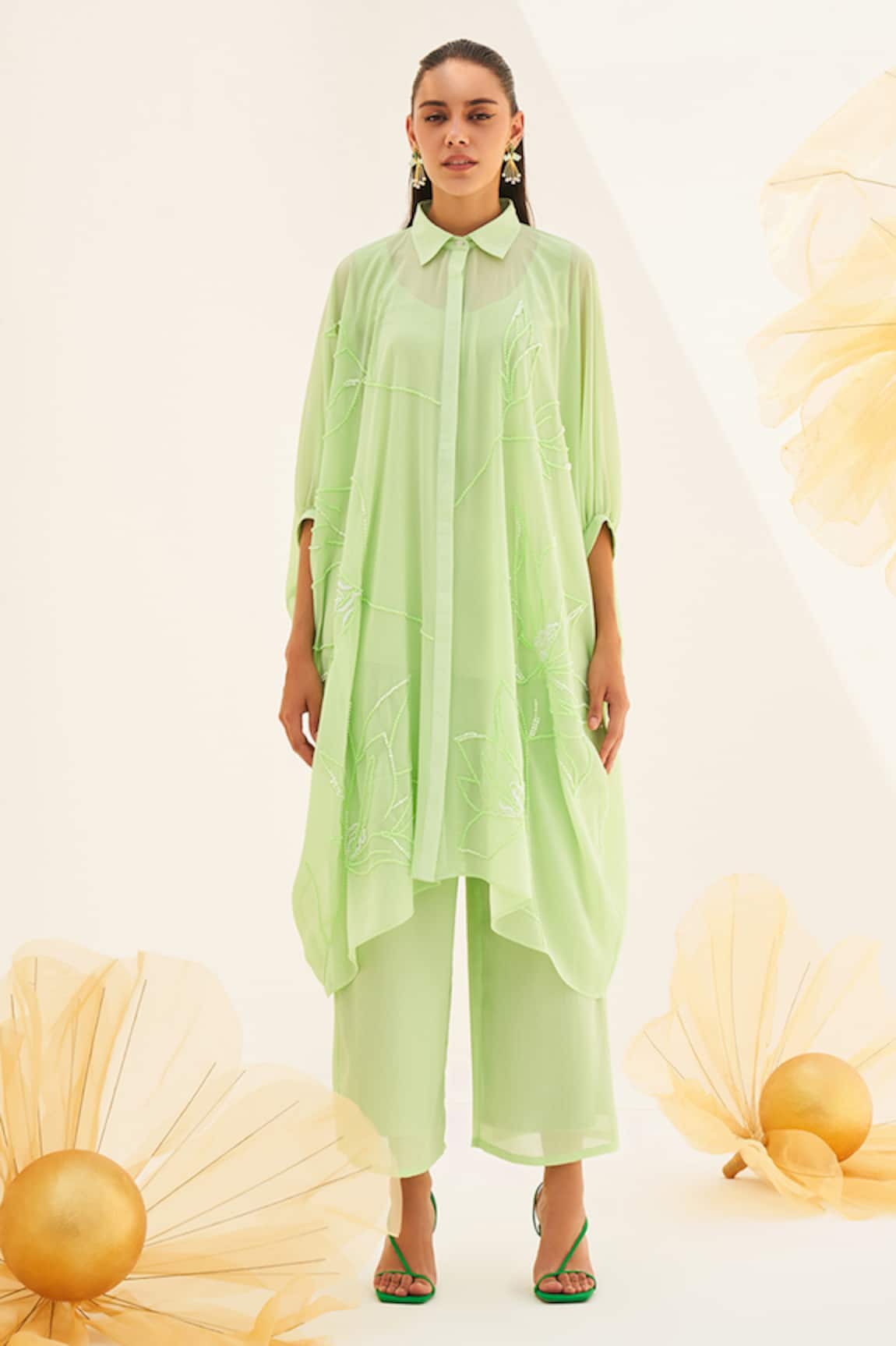 House Of Fett Floral Embroidered Kaftan Pant Set