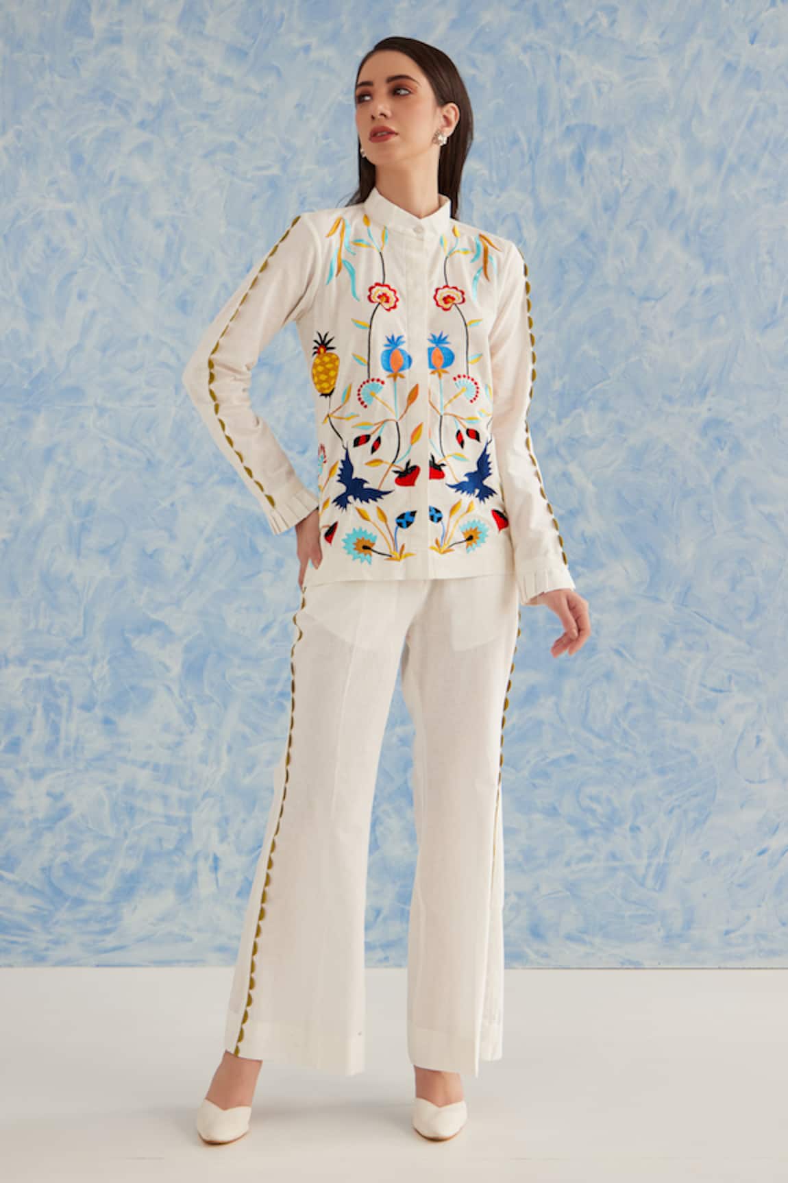 FUGA Floral Embroidered Top With Bell Bottom Pant