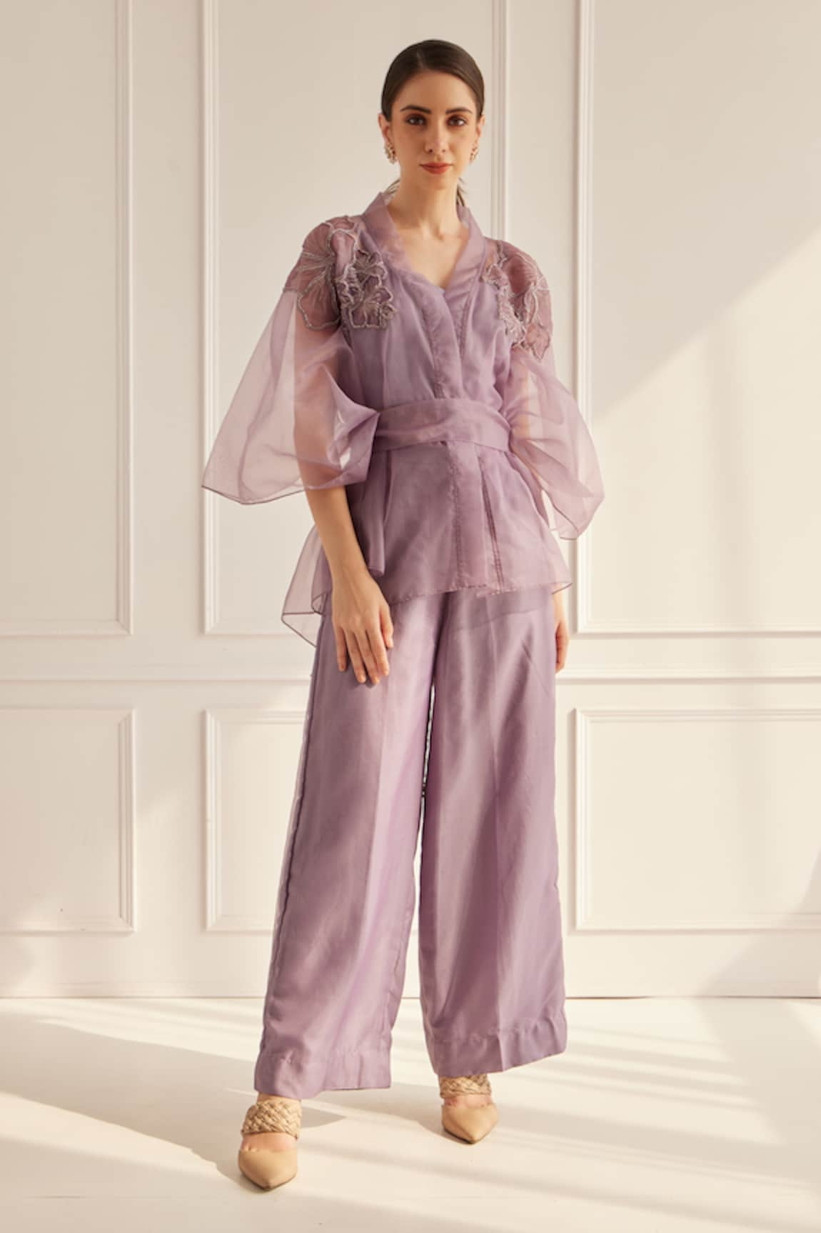 FUGA Sheer Flower Embroidered Kaftan Top Pant Set