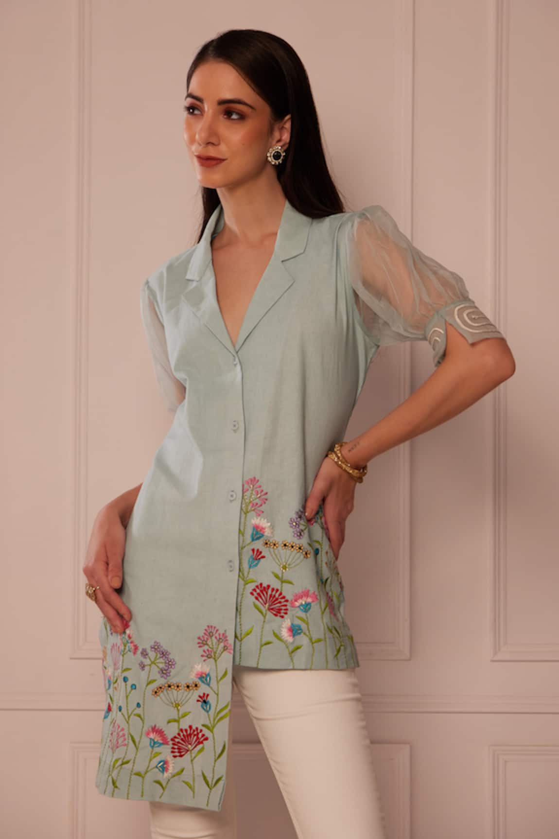 FUGA Linen Floral Embroidered Shirt