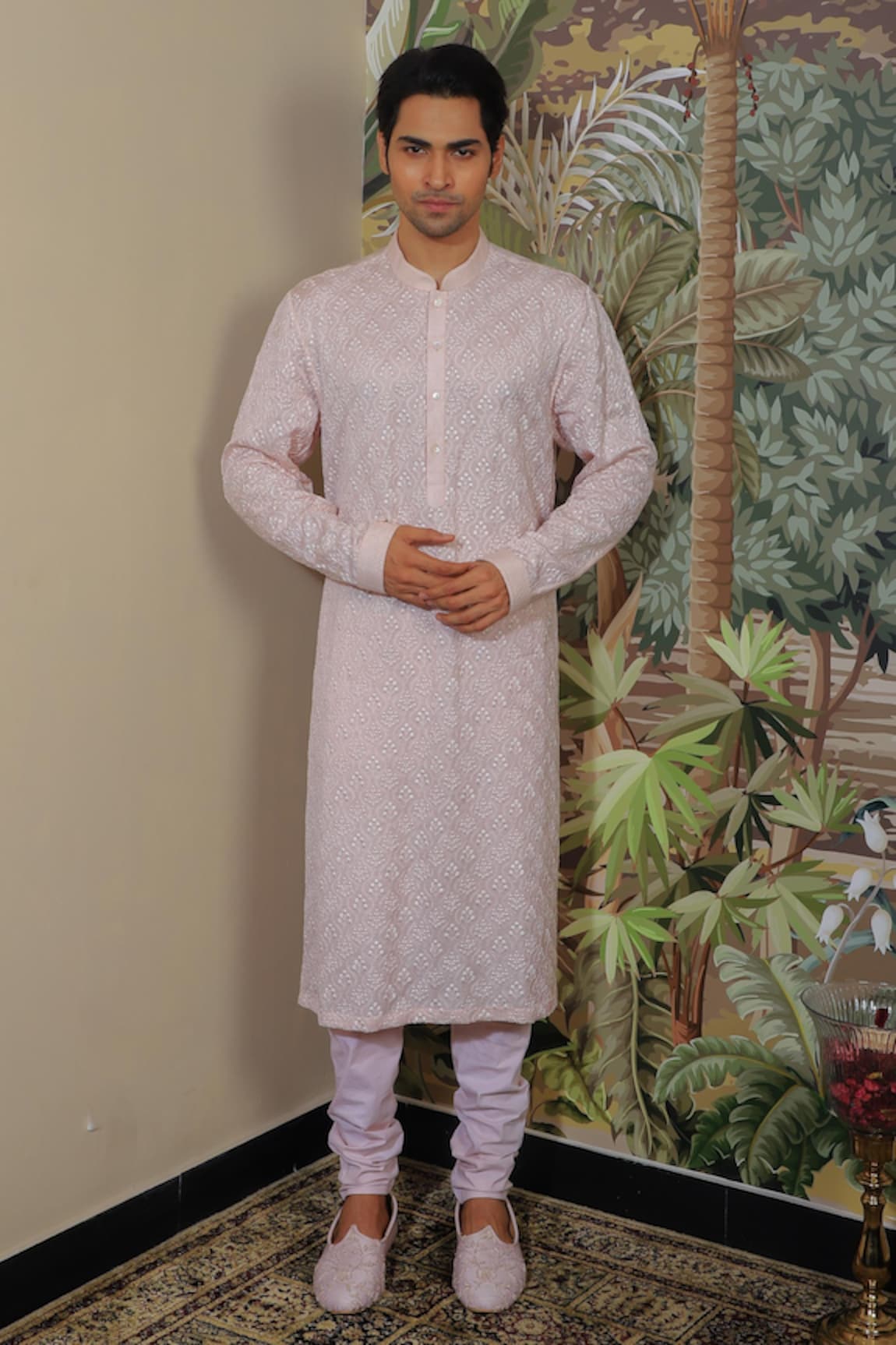 Pearl White Silk Draped Kurta Pajama with Embroidered Jacket