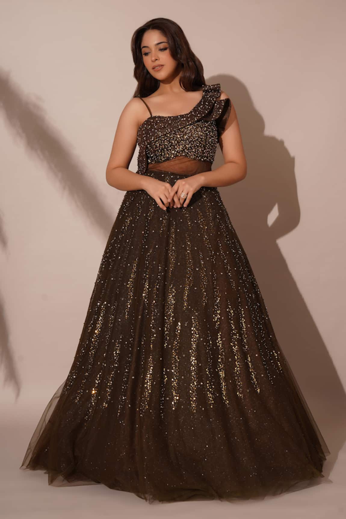 Chaashni by Maansi and Ketan One-Shoulder Tonal Embroidered Gown