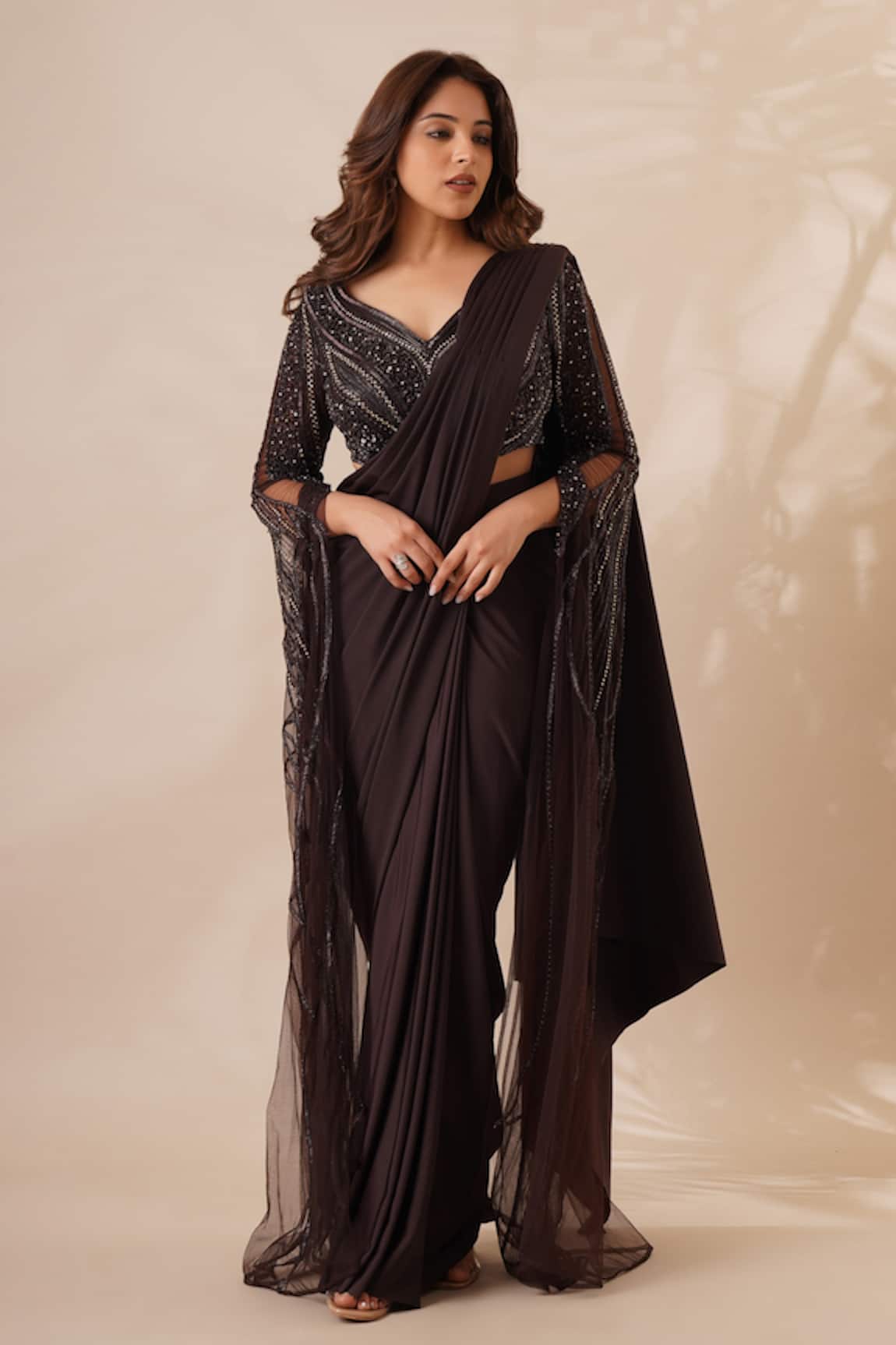 Chaashni by Maansi and Ketan Pre-Draped Saree With Sequin Work Blouse