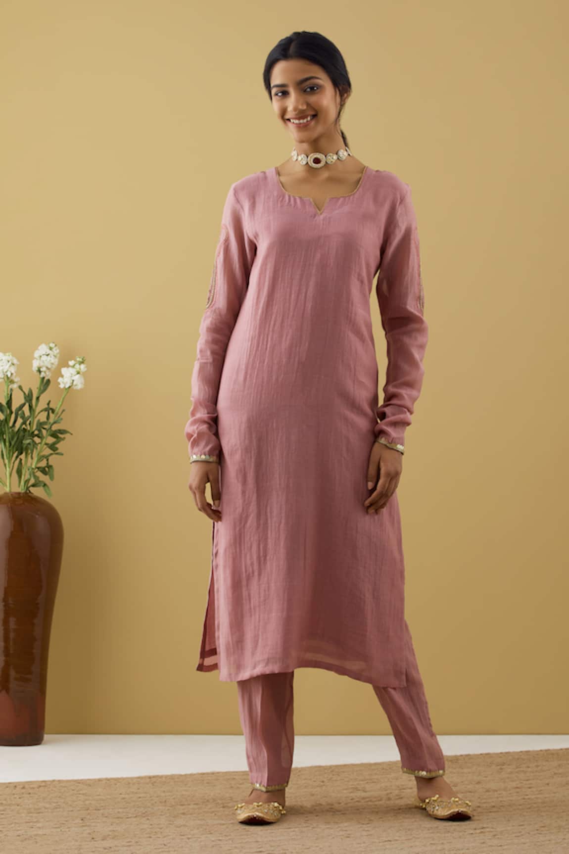 Tashee Chanderi Sleeve Embroidered Kurta & Pant Set