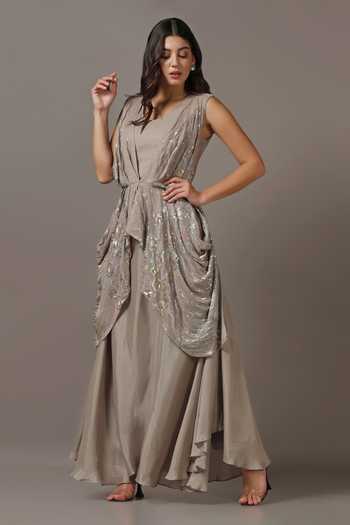 Two Sisters By Gyans Sequin Embroidered Draped Gown 
