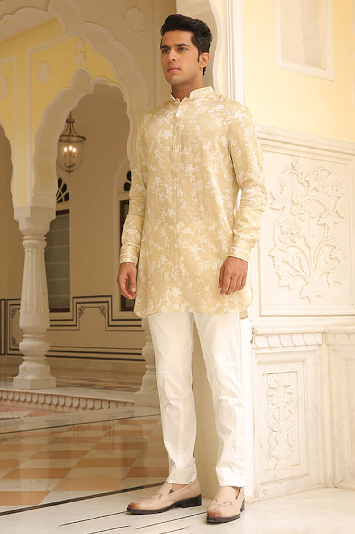 Rohit Kamra Jaipur Linen Silk Leaves Print Kurta