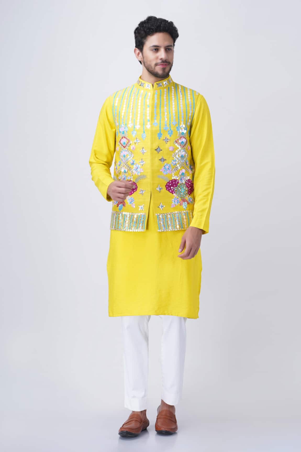 Manish Nagdeo Floral Sequins Bundi Kurta Set