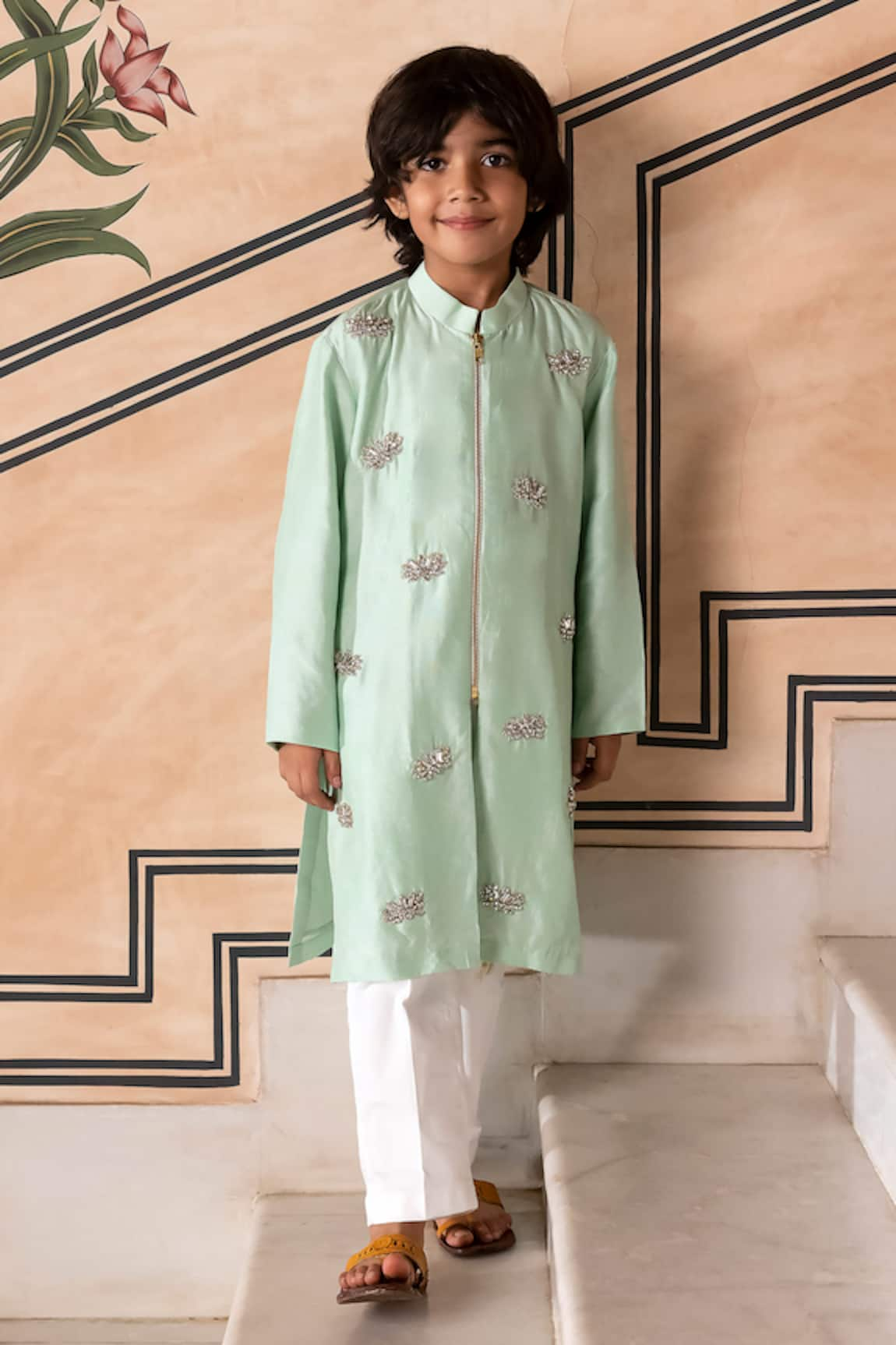 Panchhi by Kanupriya Tibrewala Crystal Lotus Embroidered Jacket Kurta With Pant