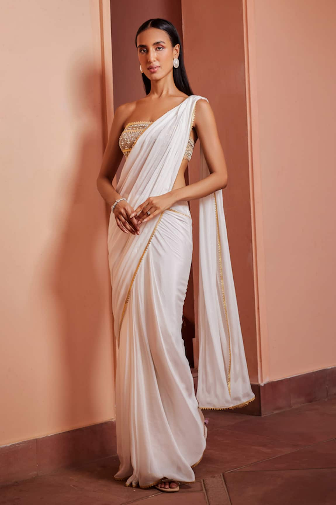 Buy White Georgette Embroidered Mermaid Pre-draped Ruffle Saree Set For  Women by Foram Patel Online at Aza Fashions.