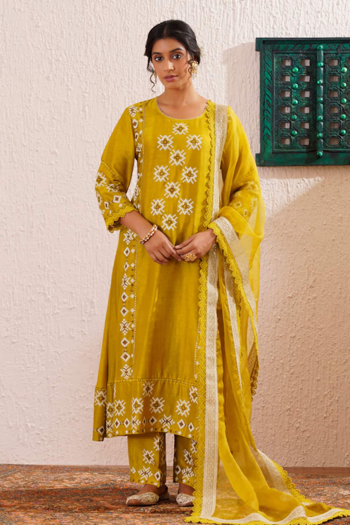 OMI Bloom Block Print Panelled Anarkali Pant Set