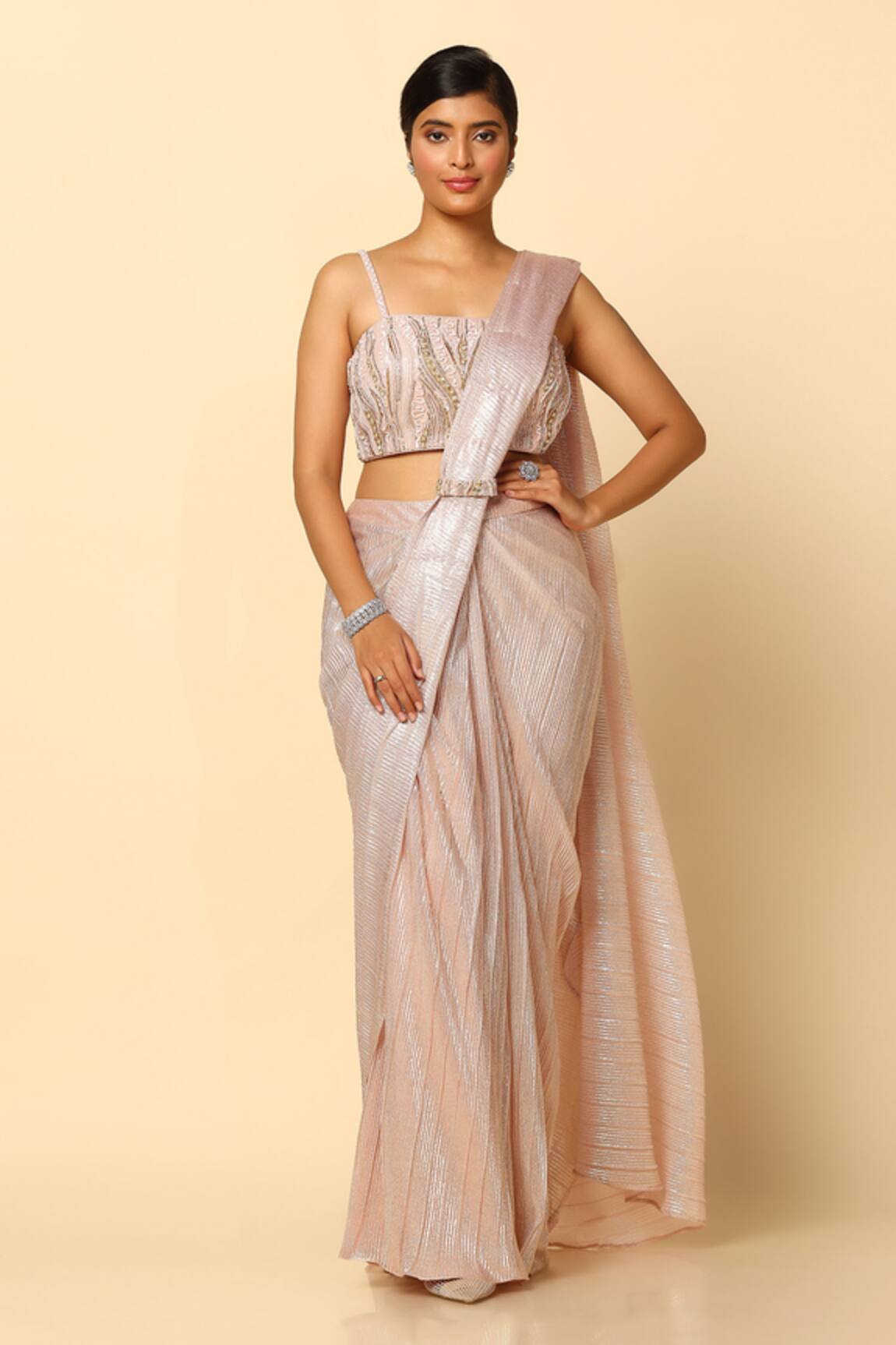 Meenagurnam Shimmer Pre-Draped Saree With Blouse 