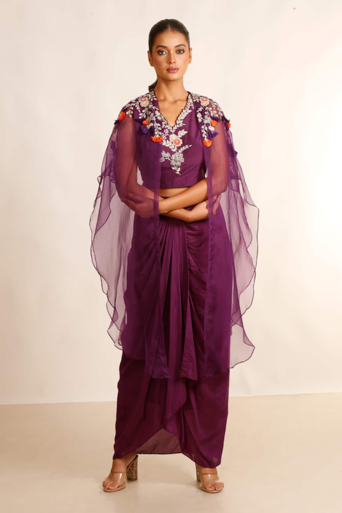 Garo Placement Hand Embroidered Cape Draped Skirt Set