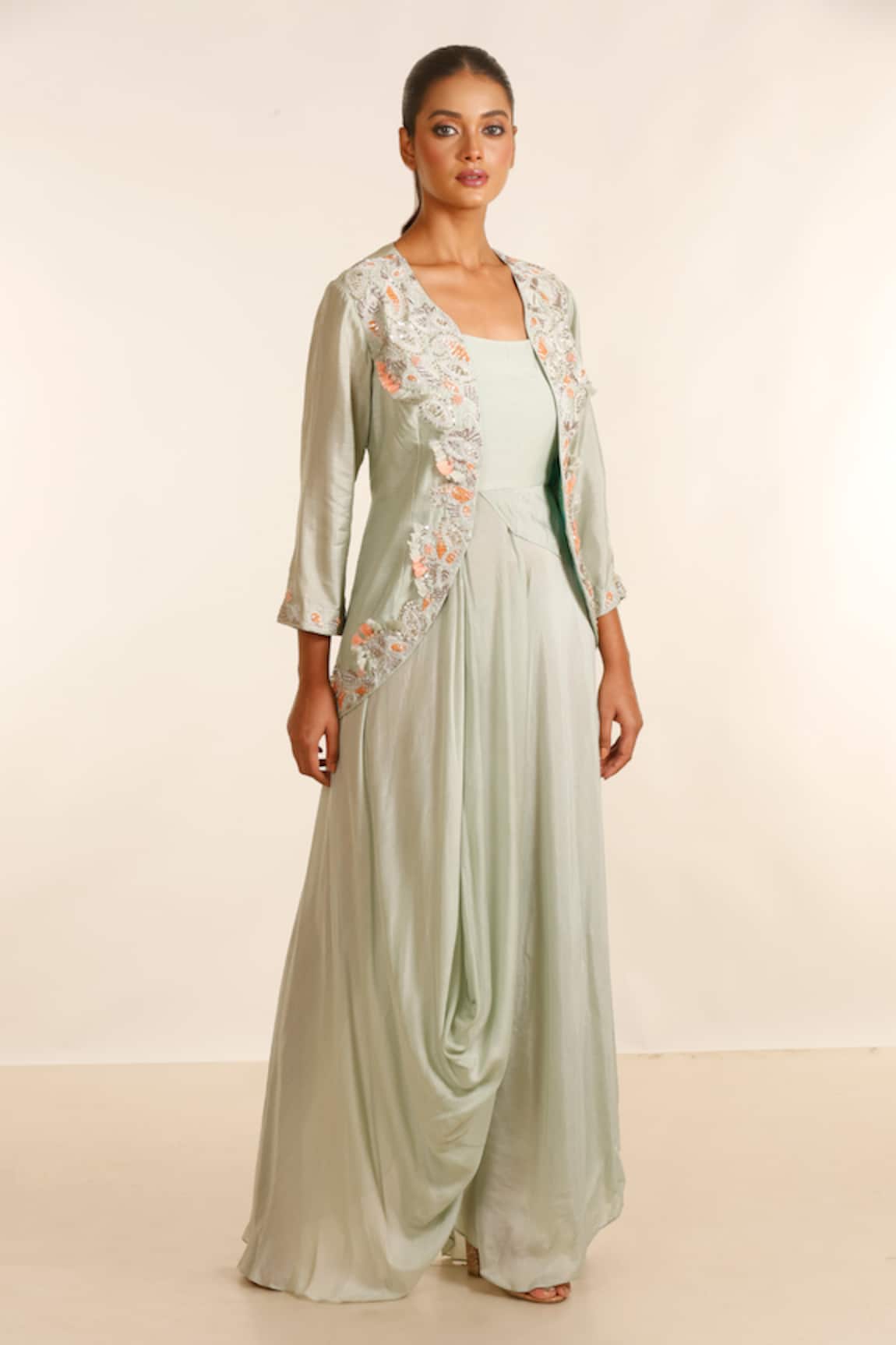 Garo Draped Jumpsuit With Embroidered Jacket