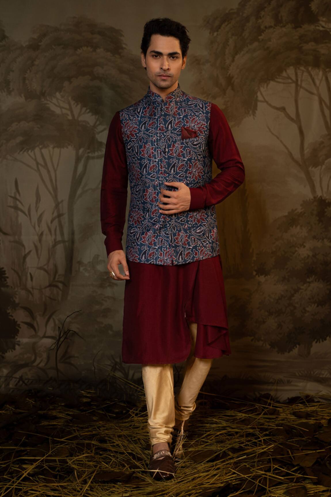 Darshika Menswear Floral Print Bundi Kurta Set