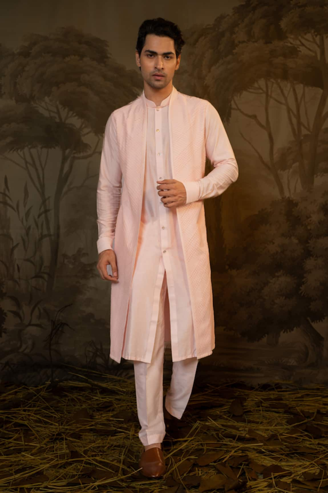 Darshika Menswear Criss Cross Embroidered Jacket Kurta With Pant