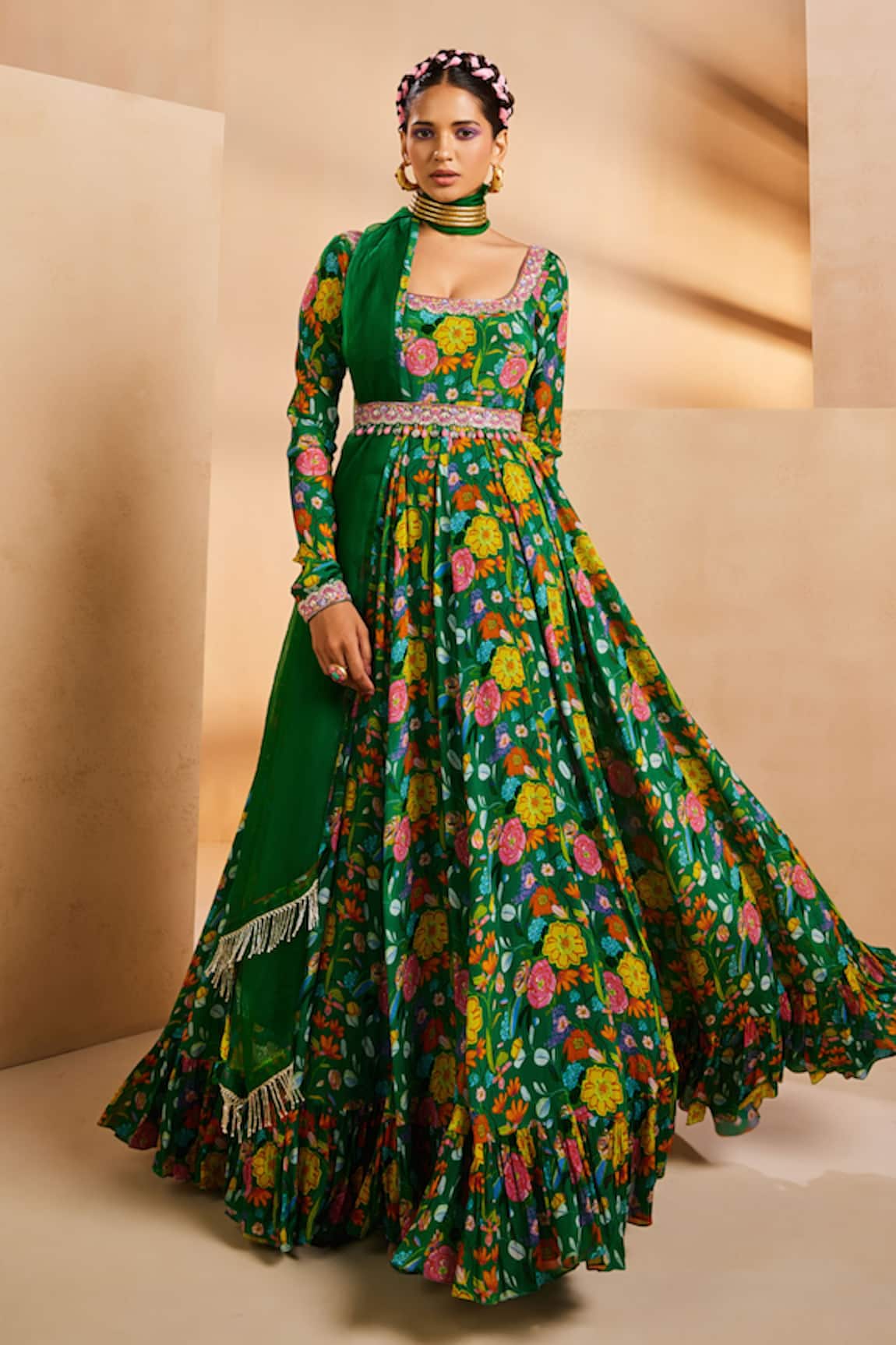 Aneesh Agarwaal Floral Hand Painted Anarkali With Dupatta 