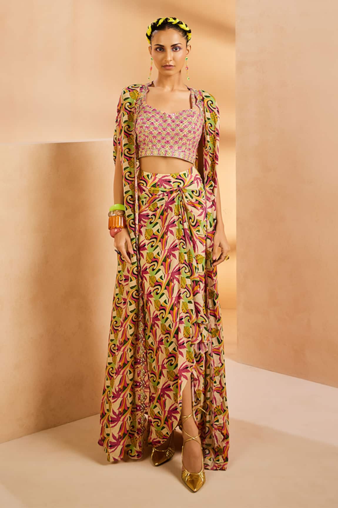 Aneesh Agarwaal Botanical Print Cape & Draped Skirt Set 