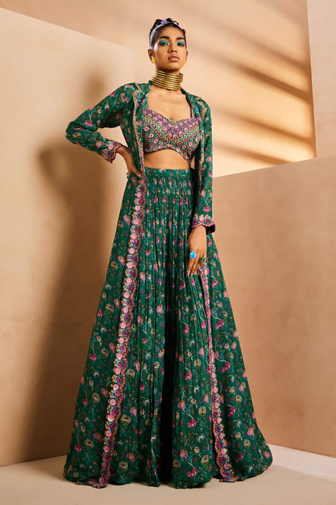 Aneesh Agarwaal Chintz Print Jacket Skirt Set 