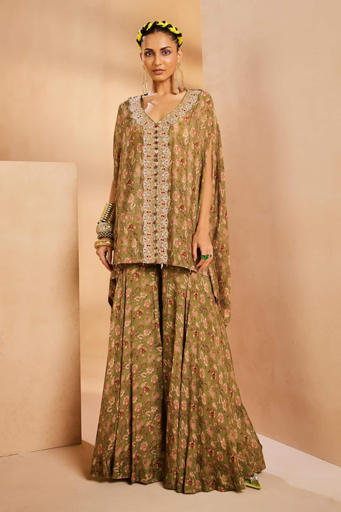 Aneesh Agarwaal Vintage Floral Print Kaftan & Sharara Set 