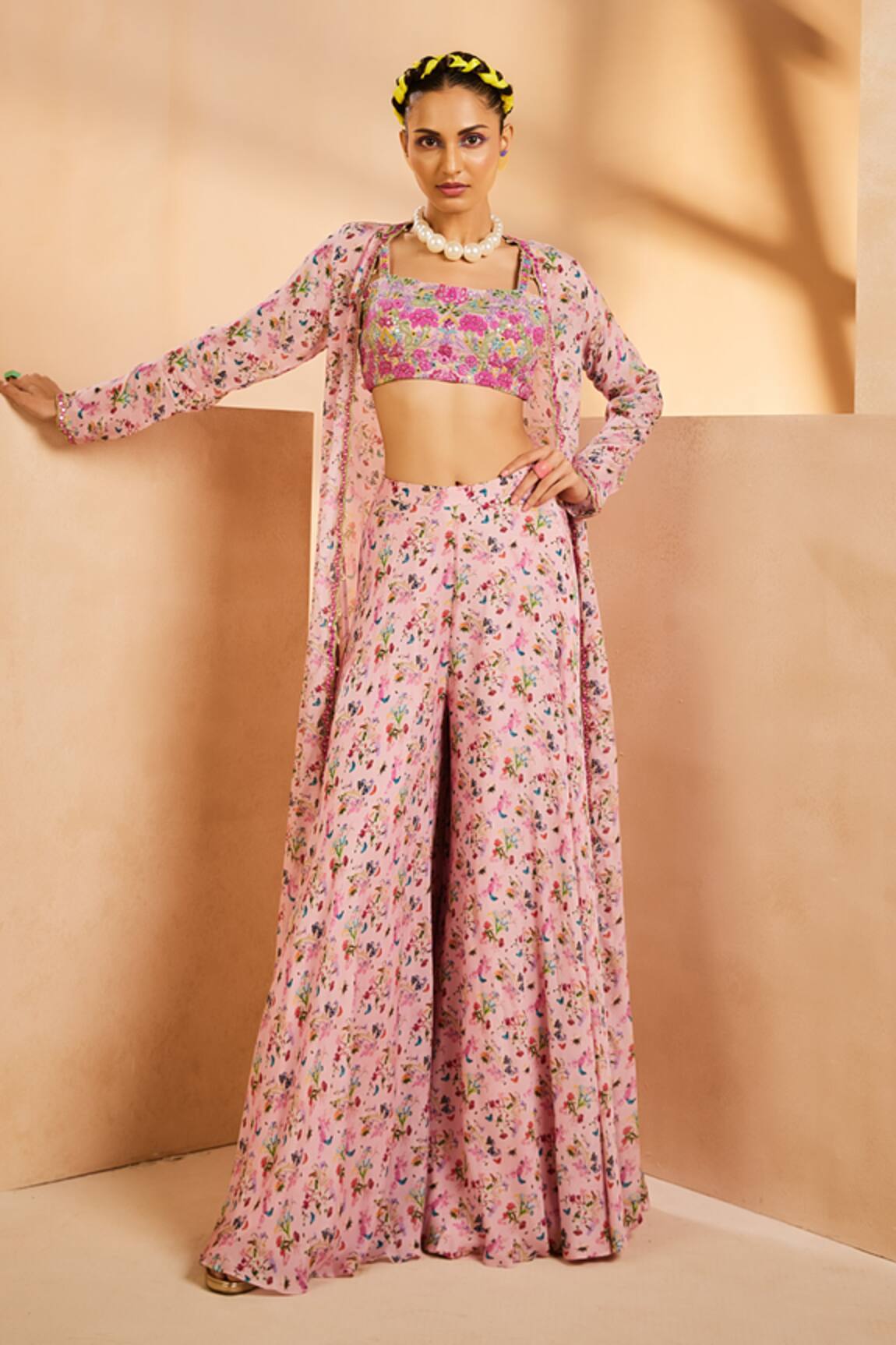 Aneesh Agarwaal Botanical Print Jacket Palazzo Set 