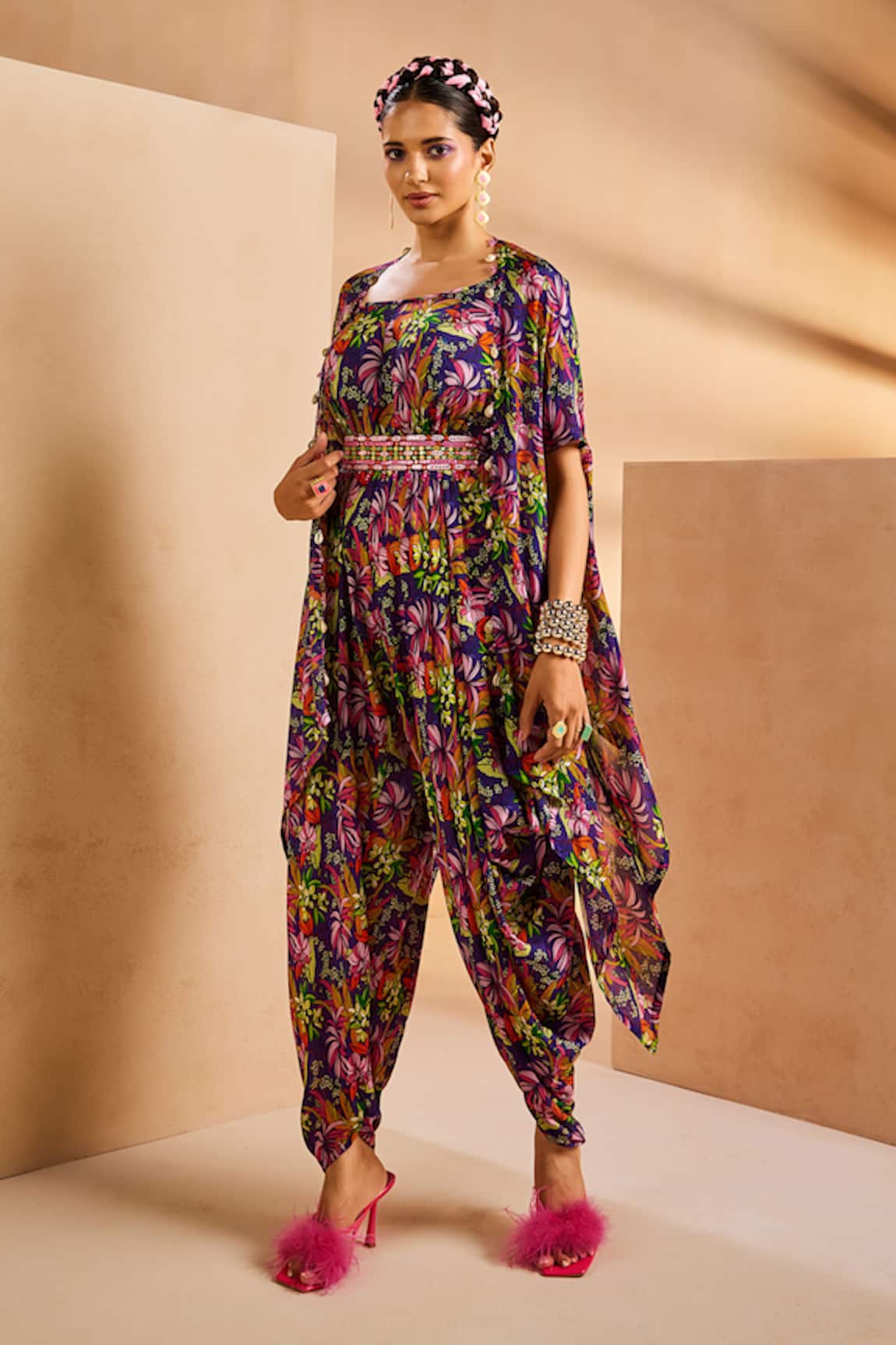 Aneesh Agarwaal Printed Dhoti Jumpsuit With Cape 