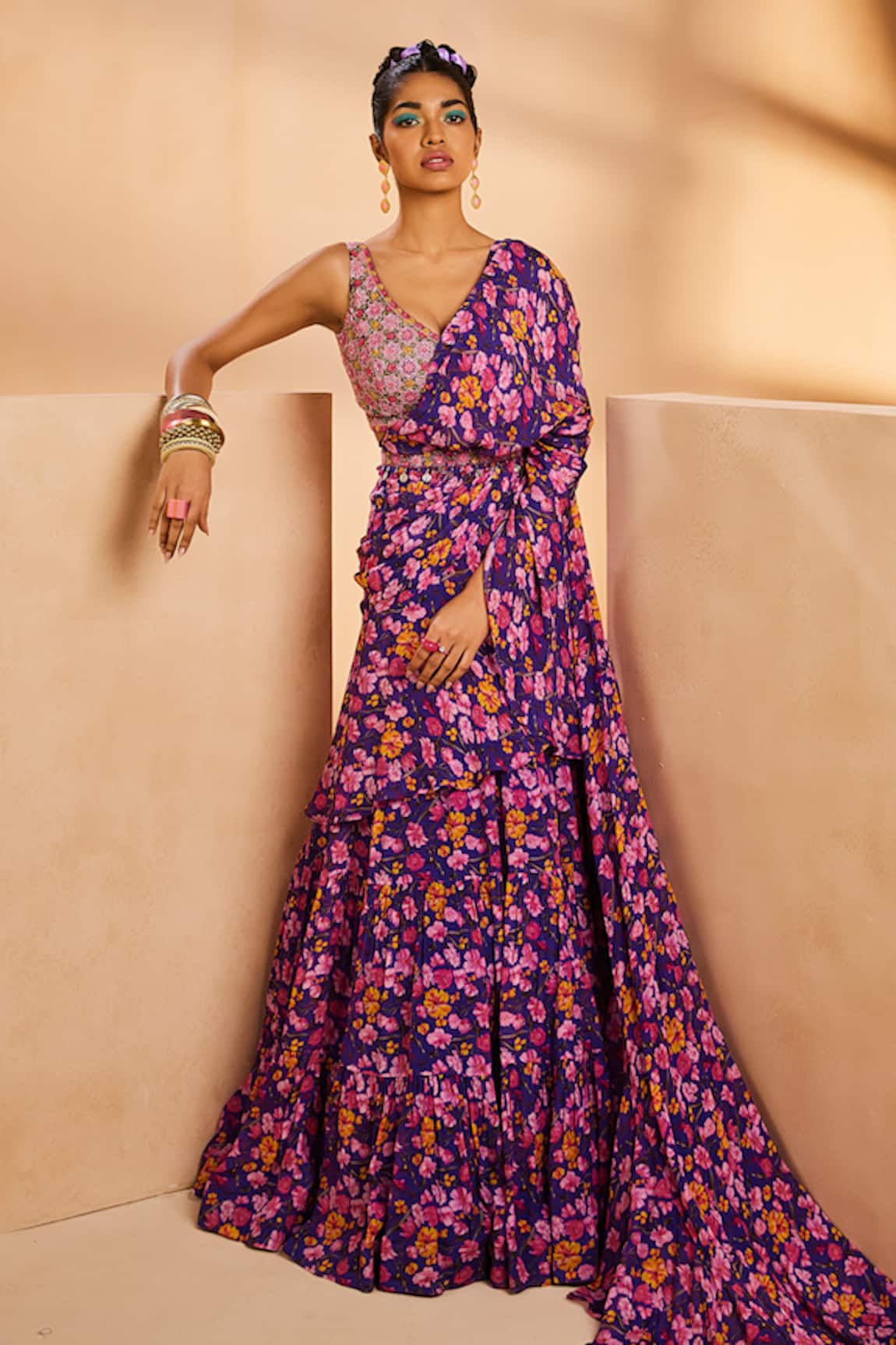 Aneesh Agarwaal Floral Print Draped Lehenga Saree With Blouse 