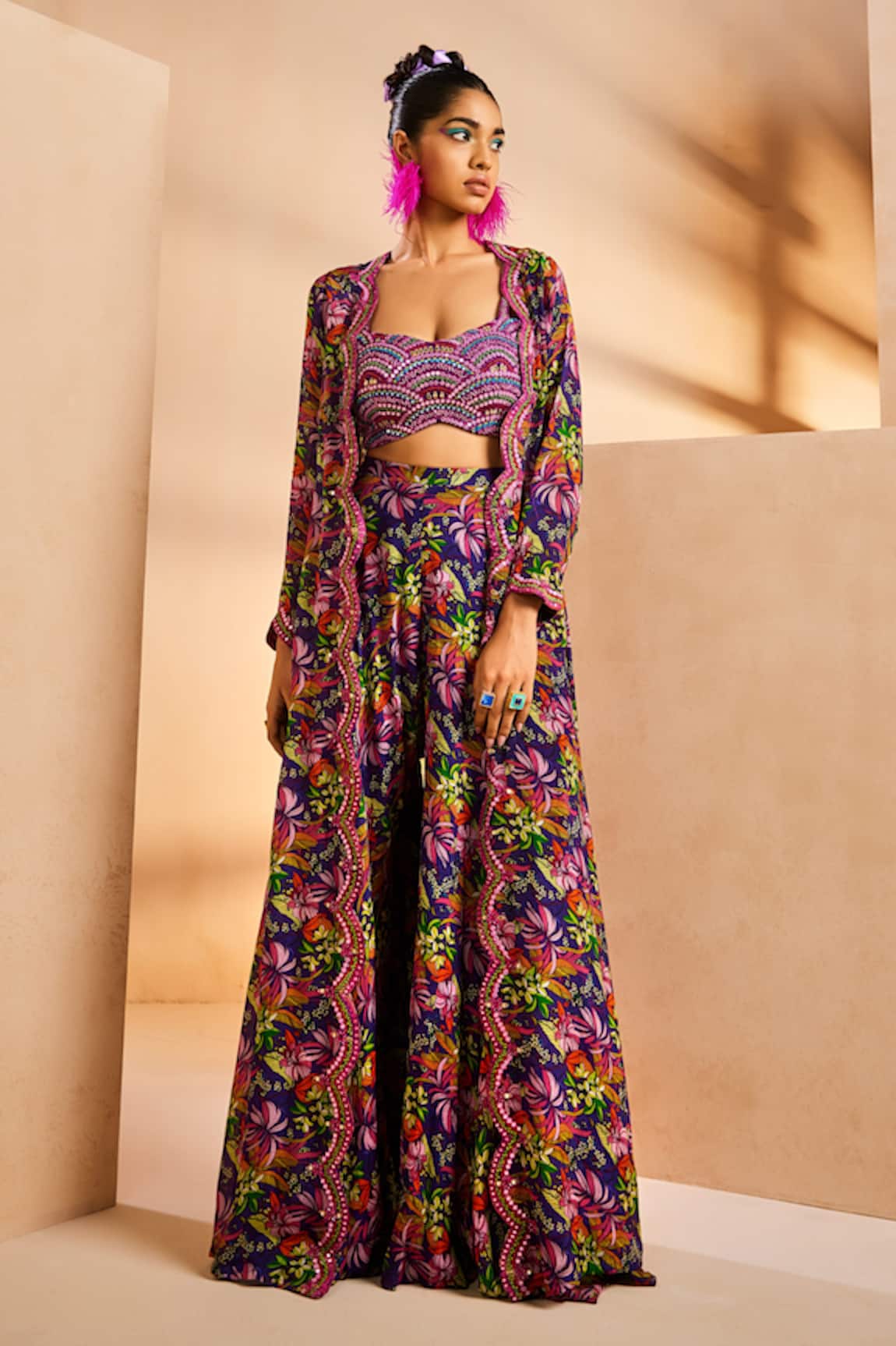 Aneesh Agarwaal Botanical Print Flared Palazzo Set With Jacket 