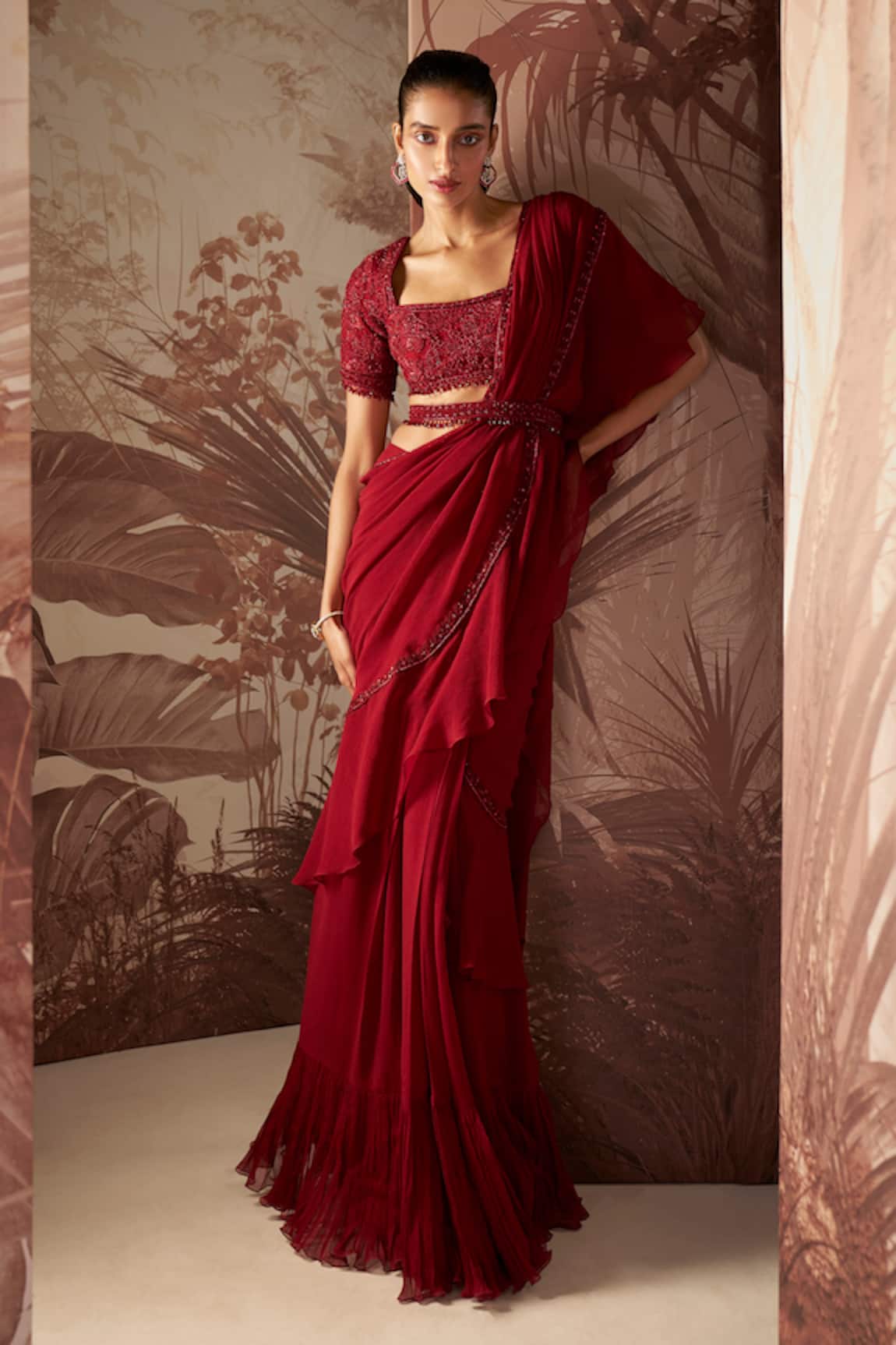 Sana Barreja Agatha Ruffle Pre Stitched Saree Set With Embellished Blouse