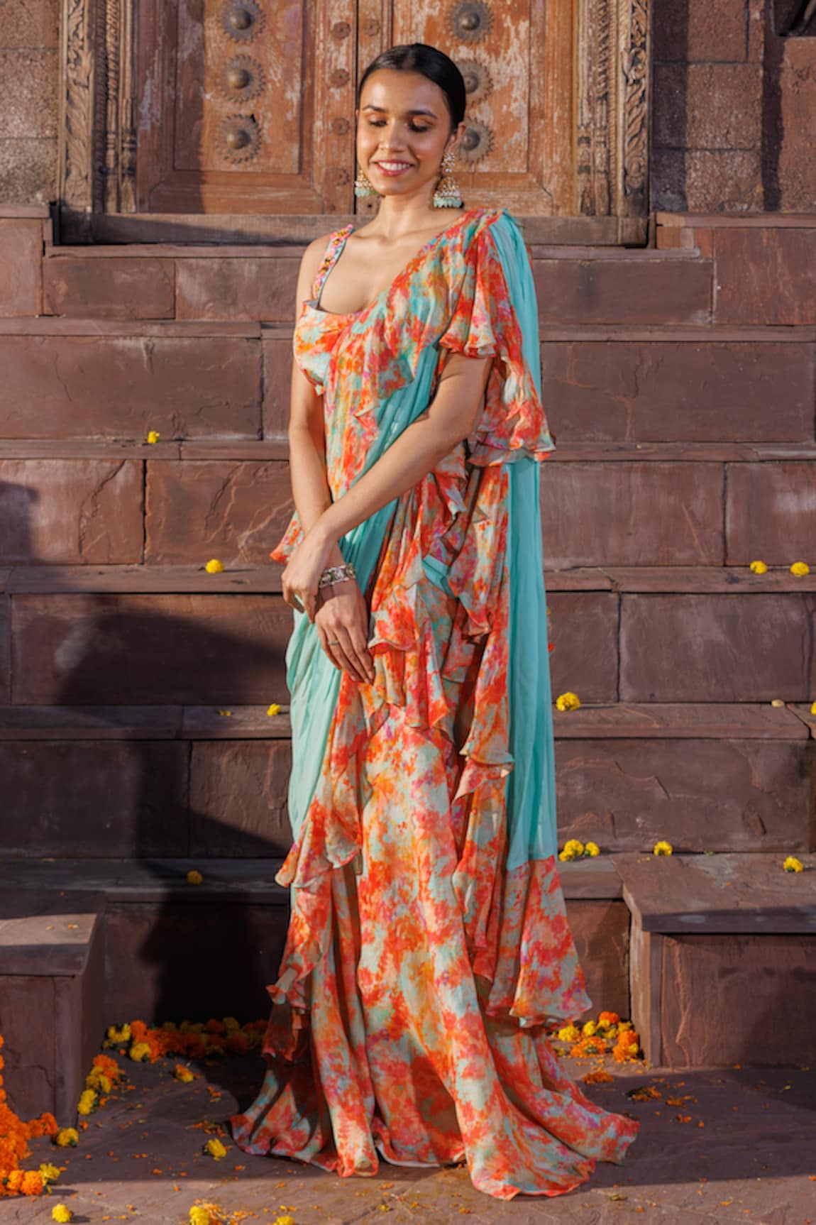 Elena Singh Safiya Printed Ruffle Pre-Draped Saree With Blouse