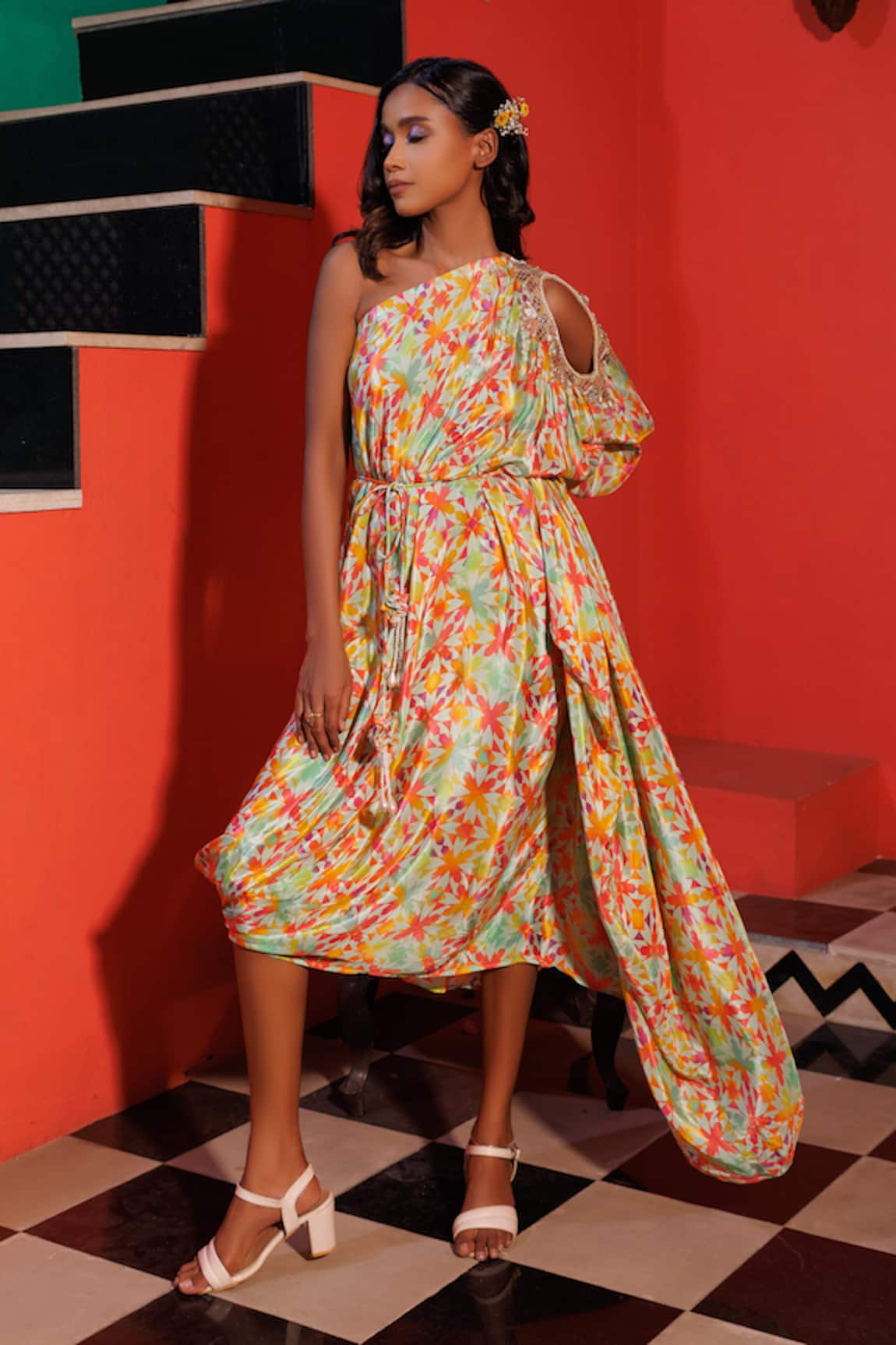 Elena Singh Nazira Geometric Print Draped Dress With Belt