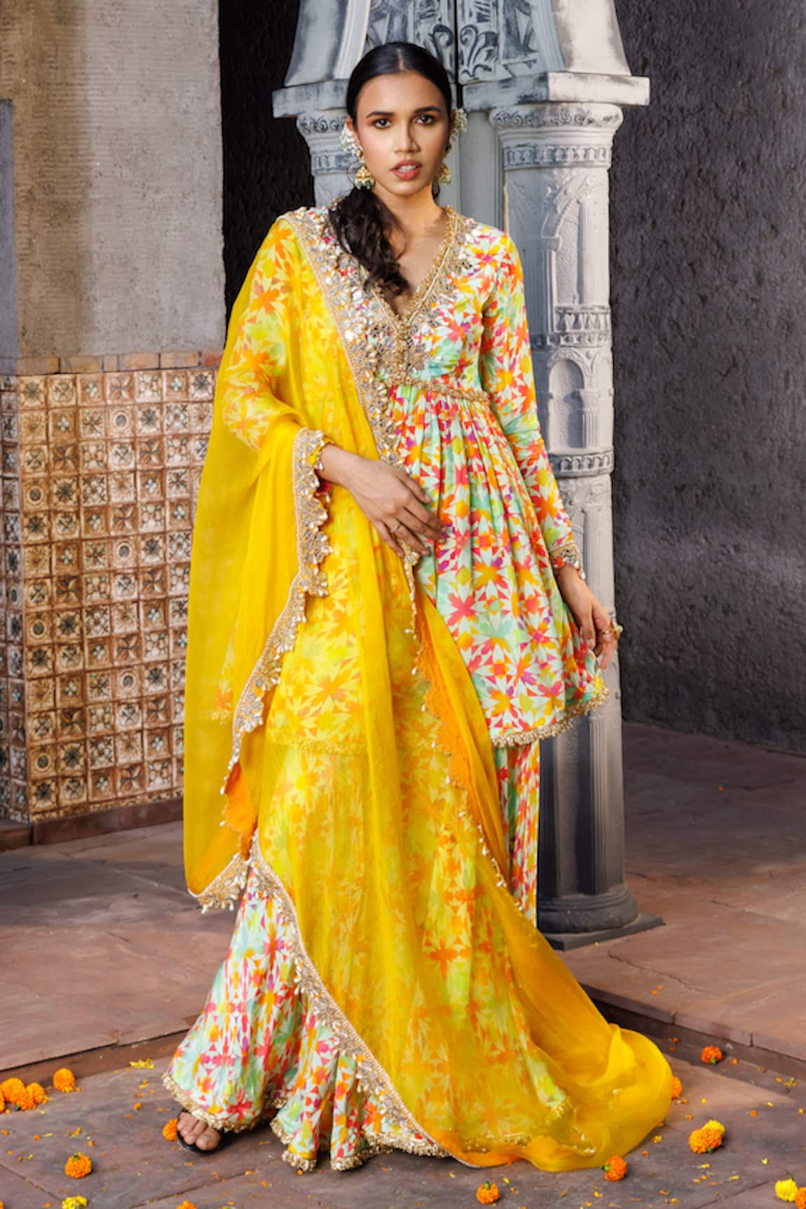 Elena Singh Vritra Geometric Print Peplum Kurta Gharara Set