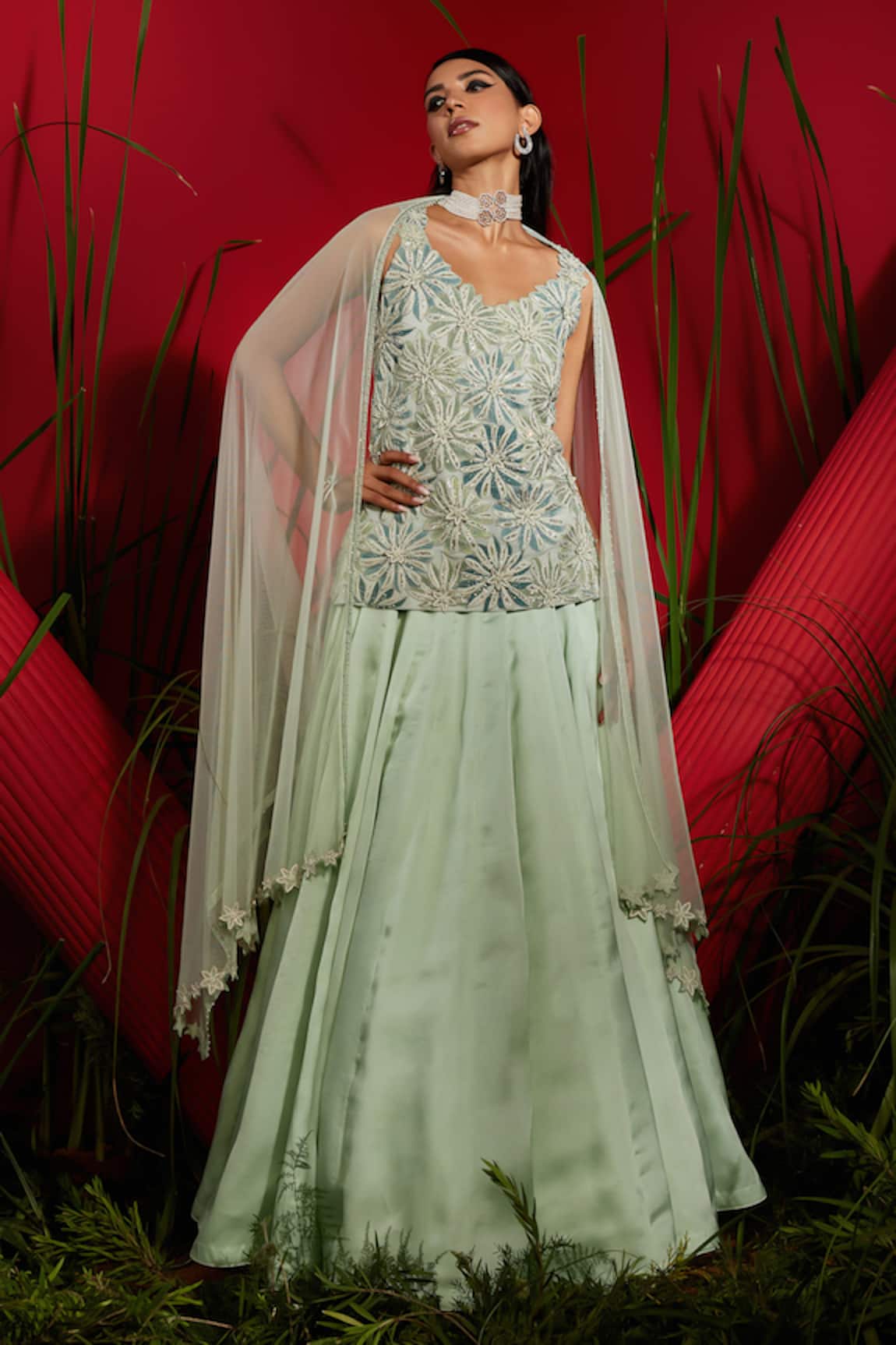 Shreeka Crystal Floral Embroidered Kurta Skirt Set