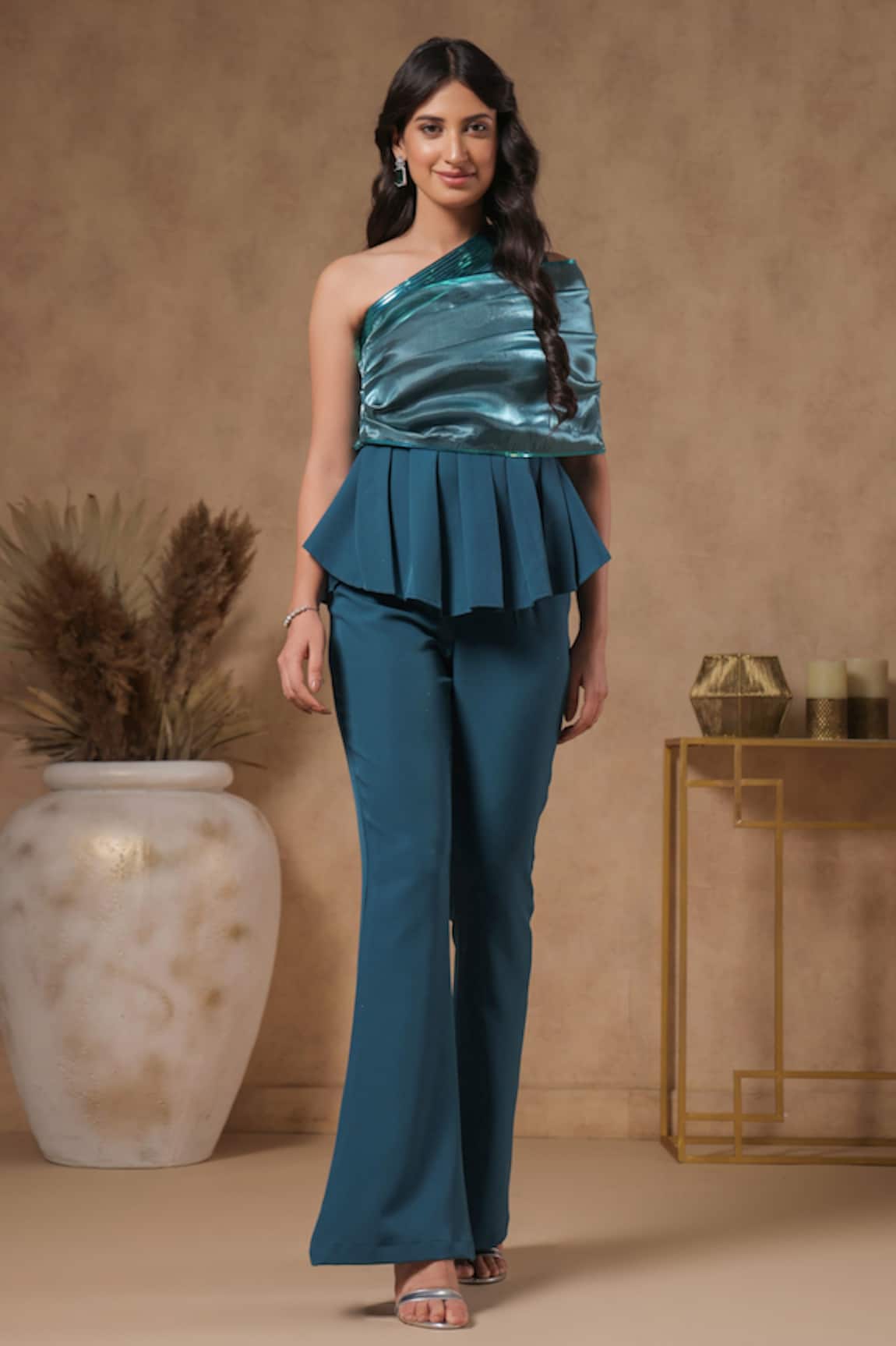 B'Infinite Lagoon Neck Embellished One-Shoulder Peplum Top & Trouser Set